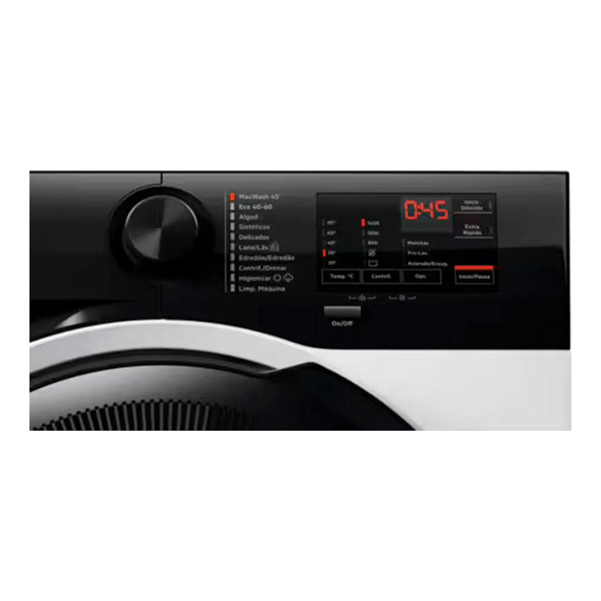 Lavadora AEG LFE6D94O4B blanca, vista frontal parcial con panel de control negro y pantalla digital roja.