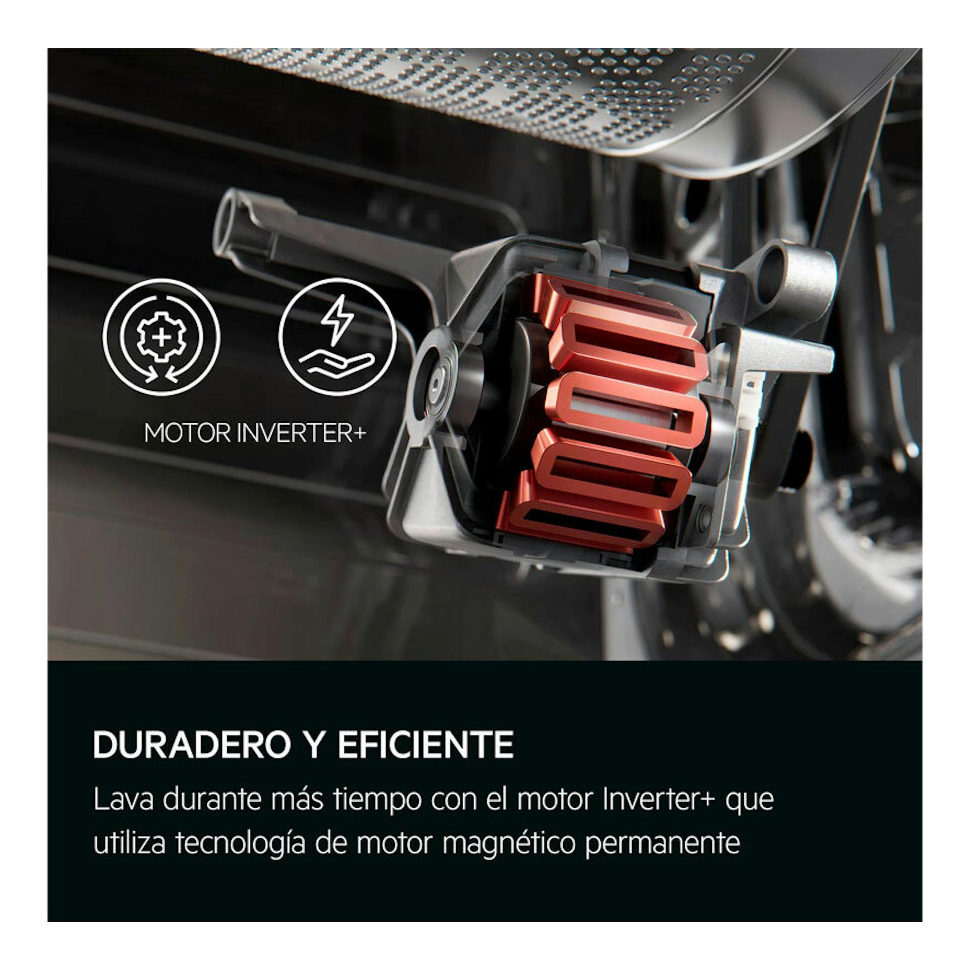 Lavadora AEG LFE6D94O4B: ilustración en primer plano del motor Inverter+ de la lavadora.