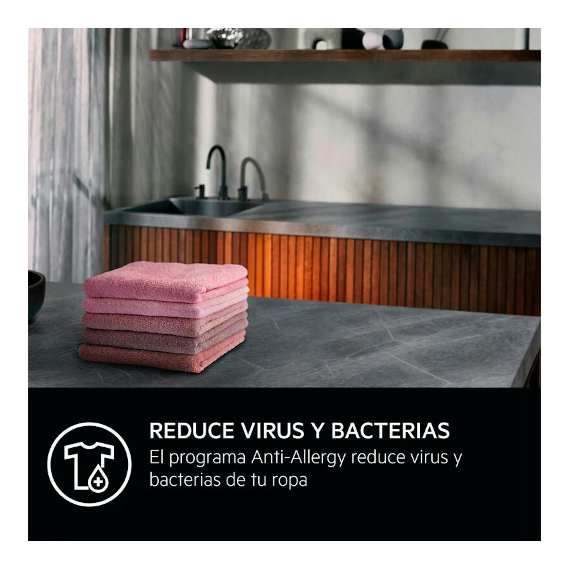 Imagen promocional de lavadora AEG LFE6D94O4B, con toallas rosas y texto sobre programa Anti-Allergy.
