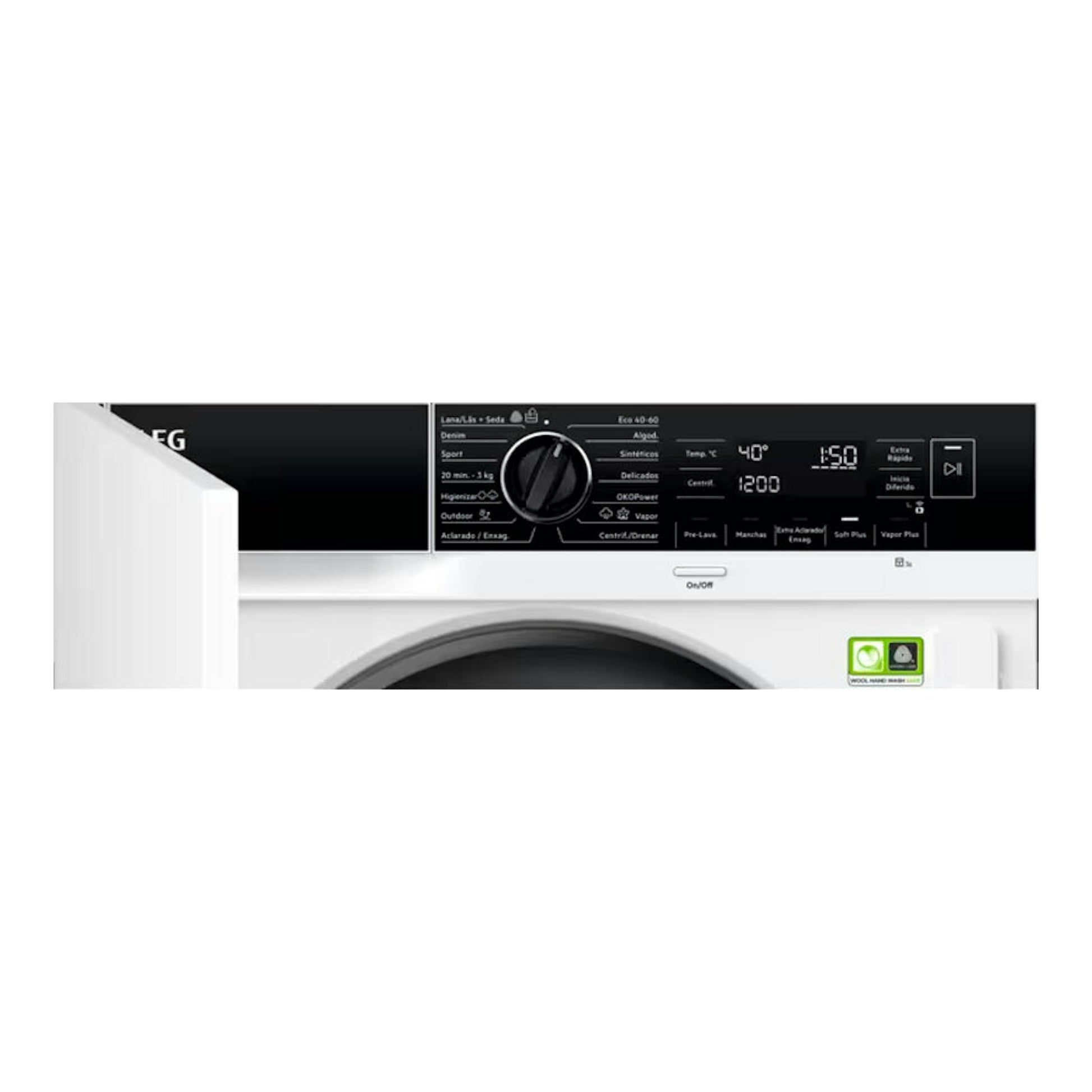Lavadora AEG LFN8E8436C blanca, vista frontal parcial con panel negro y selector central.