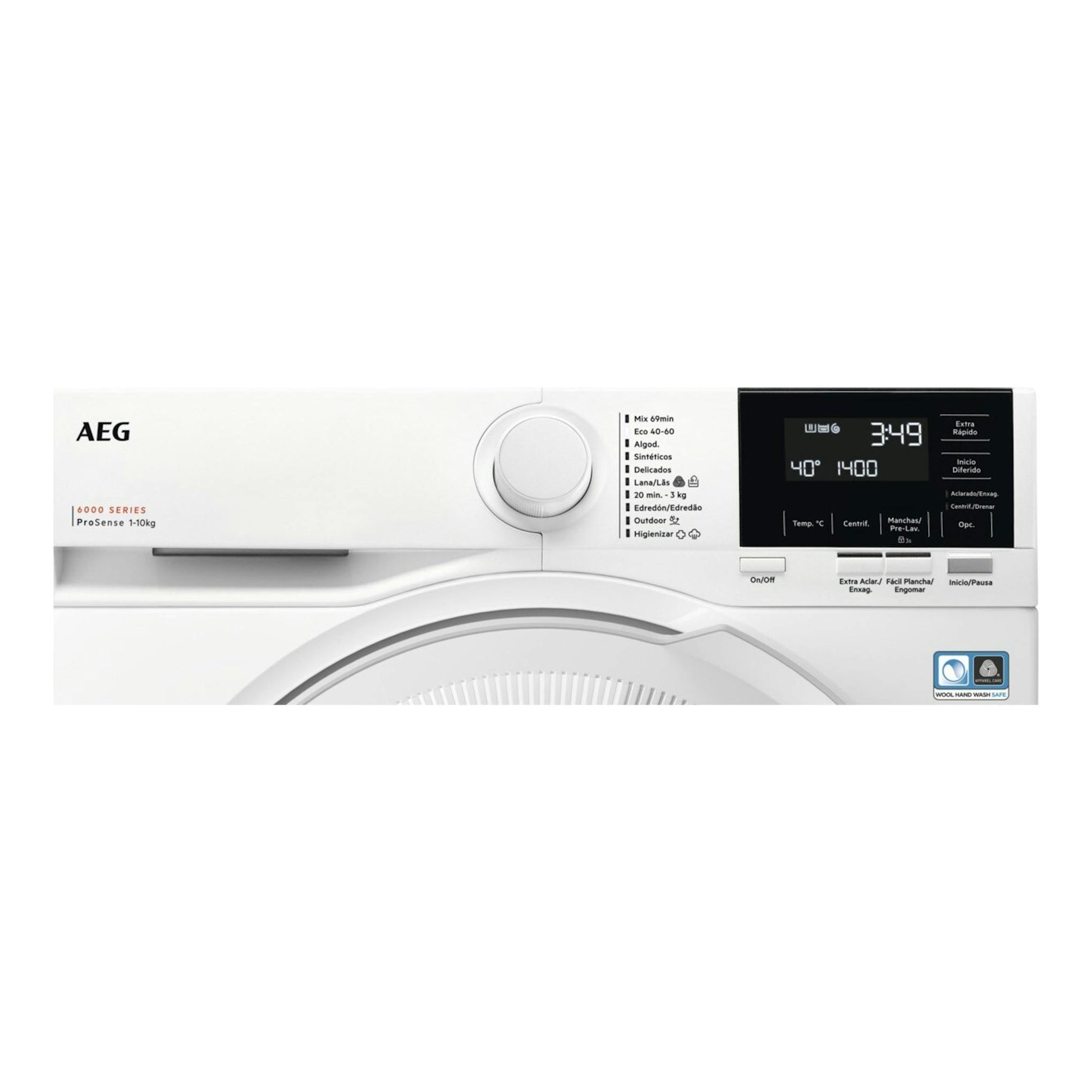 Lavadora AEG LFR6114O2B blanca, vista frontal parcial, con dial central y panel digital negro.