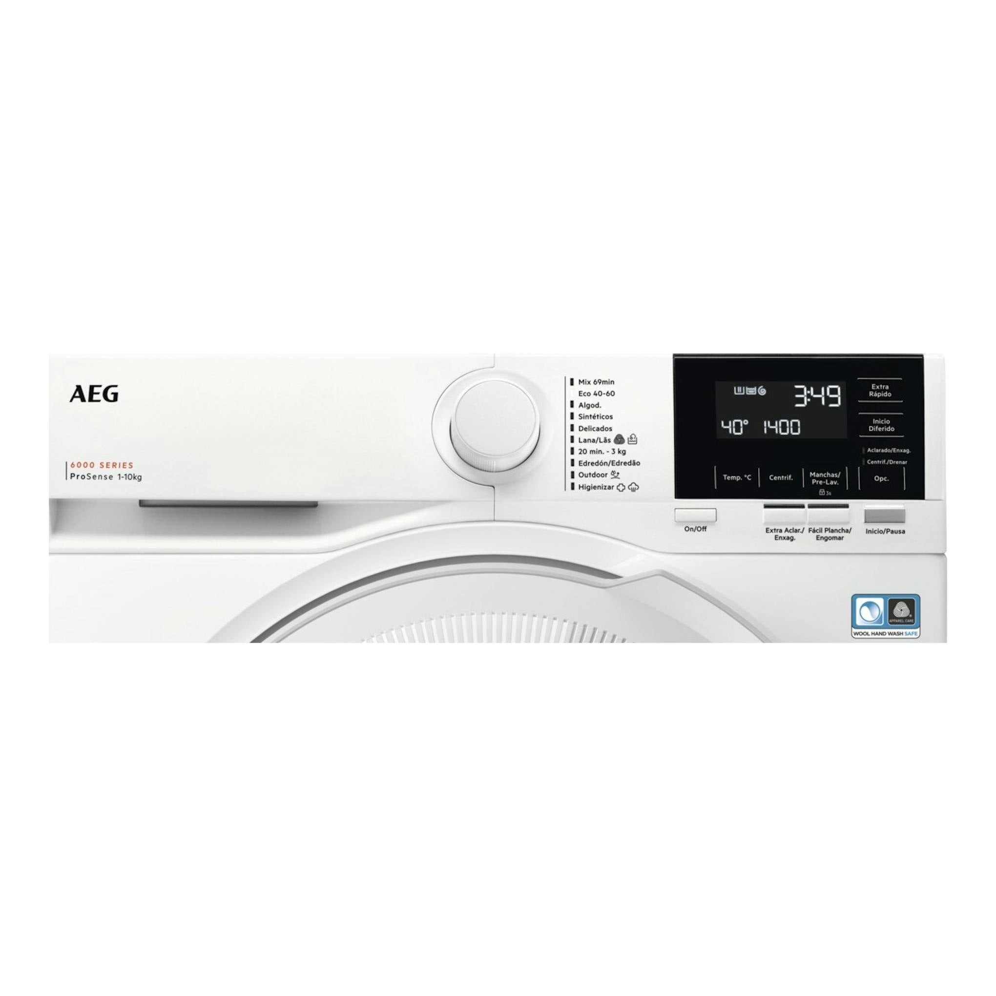 Lavadora AEG LFR6114O2B blanca, vista frontal parcial, con dial central y panel digital negro.