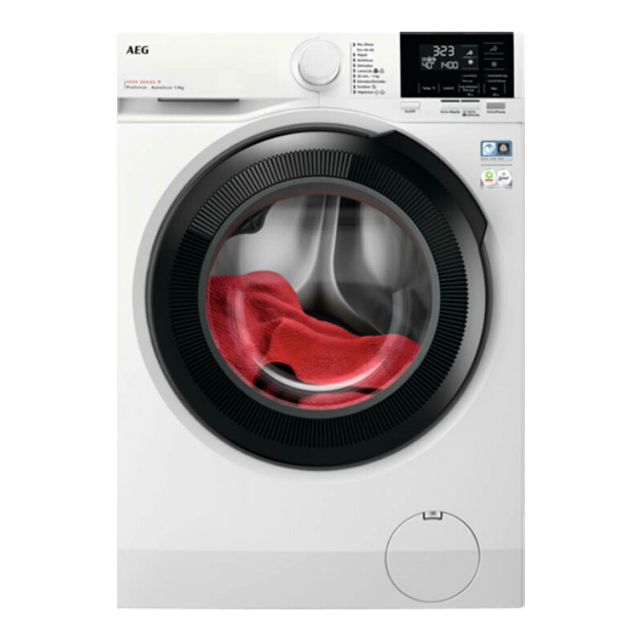 Lavadora AEG LFR6194O4Q blanca, vista frontal, con puerta negra circular y panel digital superior.