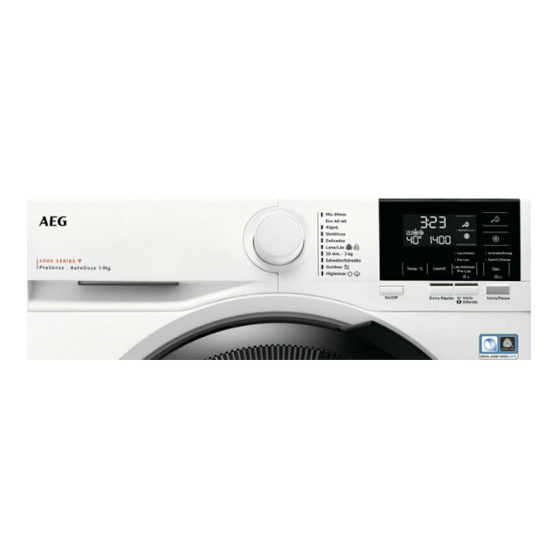 Lavadora AEG LFR6194O4Q blanca, vista frontal parcial con panel digital negro y selector central.
