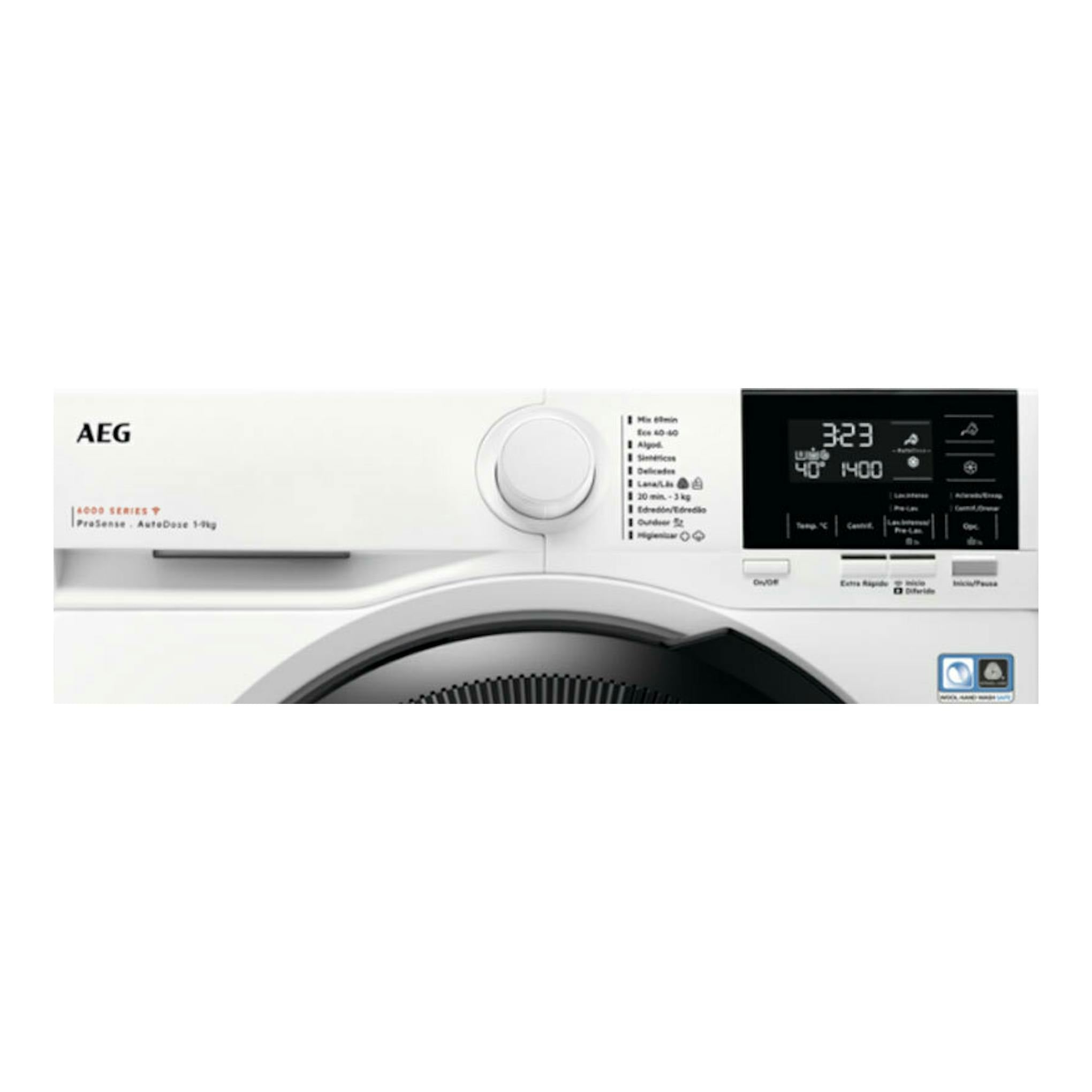 Lavadora AEG LFR6194O4Q blanca, vista frontal parcial con panel digital negro y selector central.