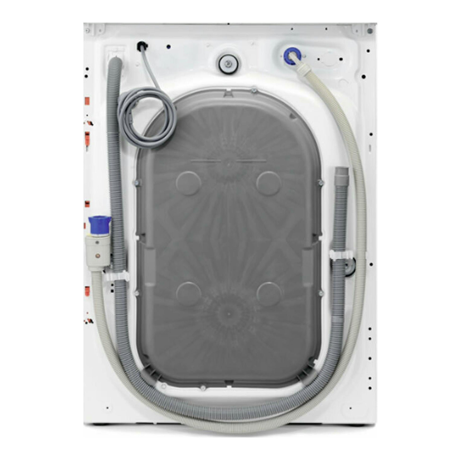 Lavadora AEG LFR6194O4Q 9 kg, vista trasera, blanca, con mangueras y panel posterior