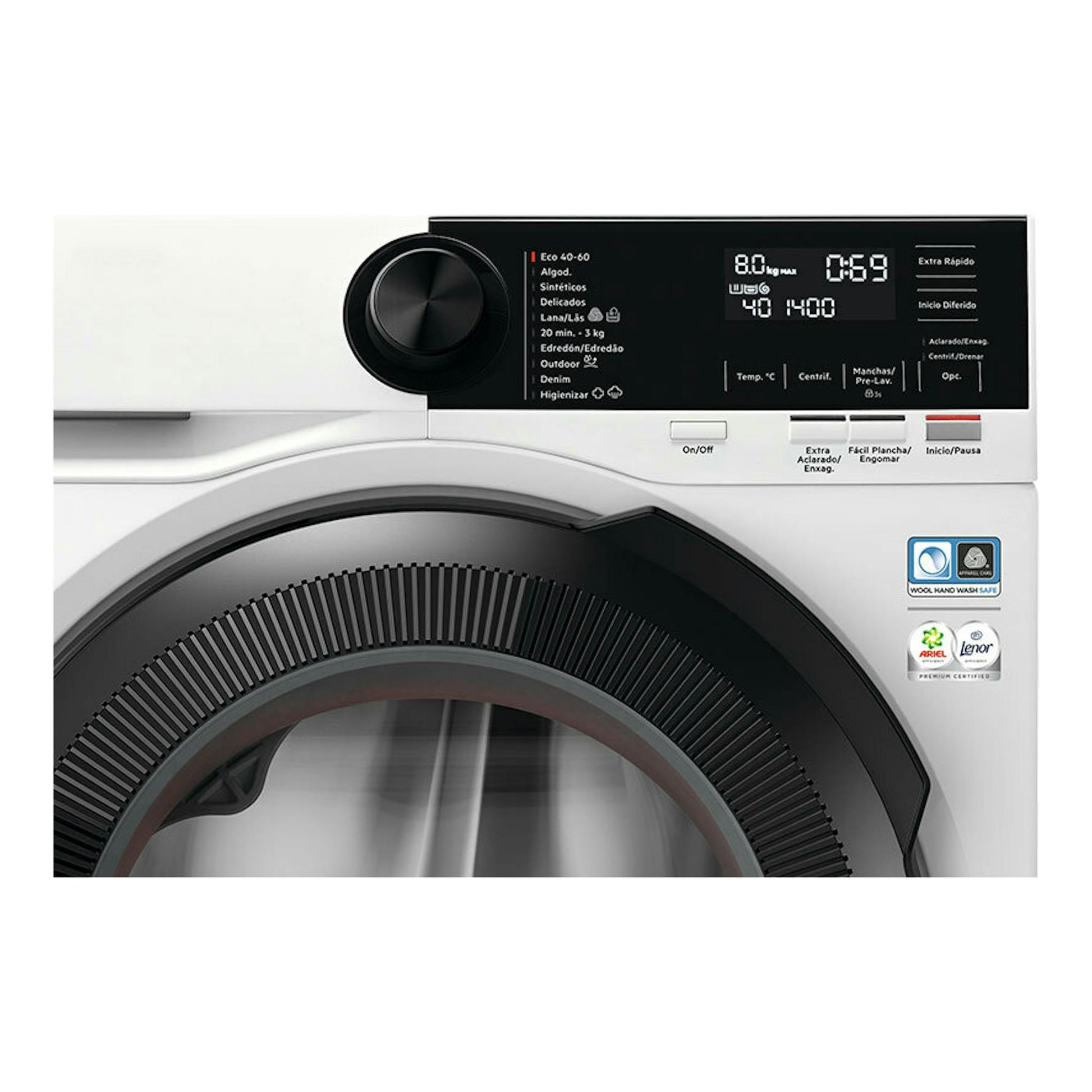 Lavadora AEG LFR6284N4B blanca, vista frontal, con panel negro, dial circular y display digital.