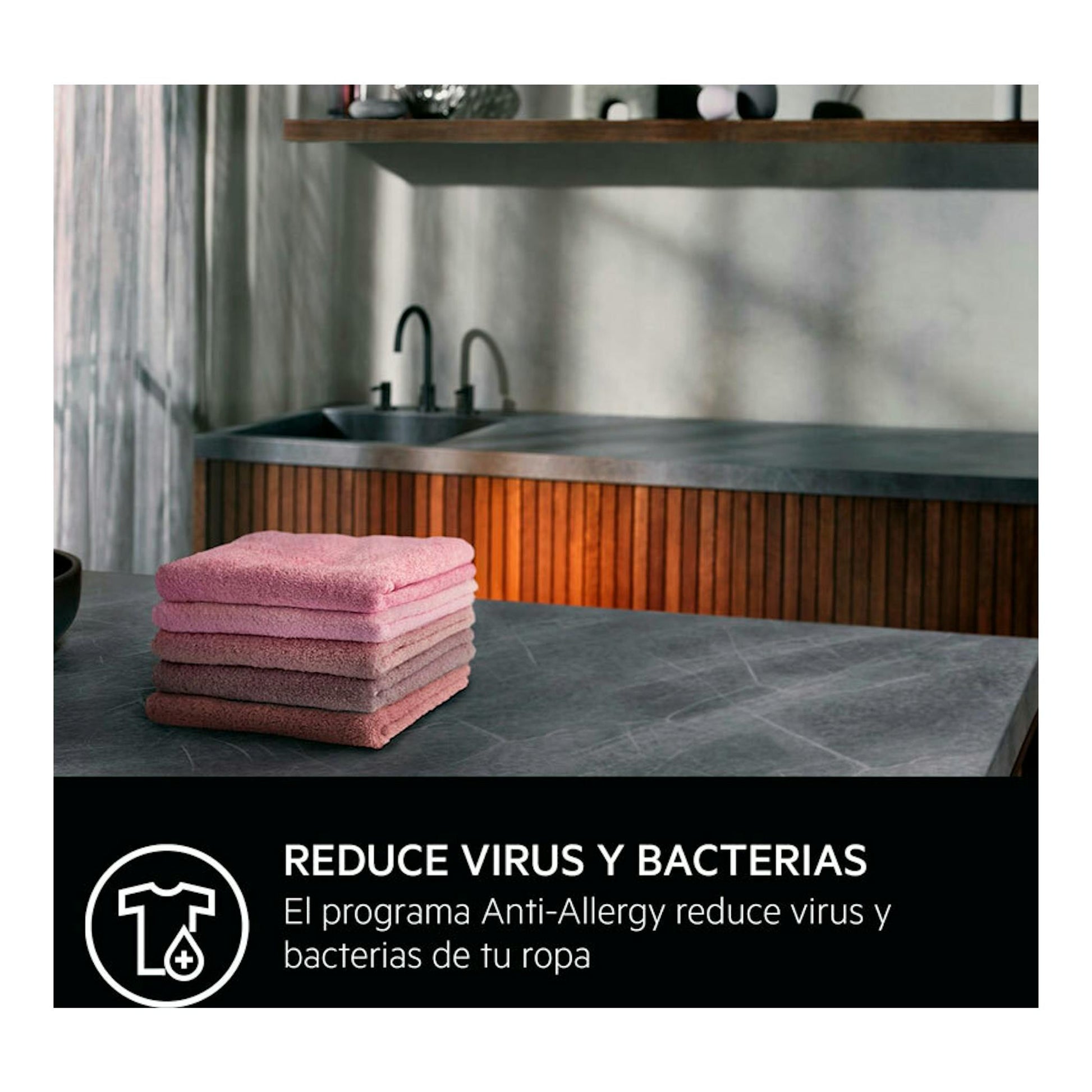 AEG LFR6284N4B, imagen promocional con toallas rosas en una cocina y texto sobre reducir virus y bacterias.