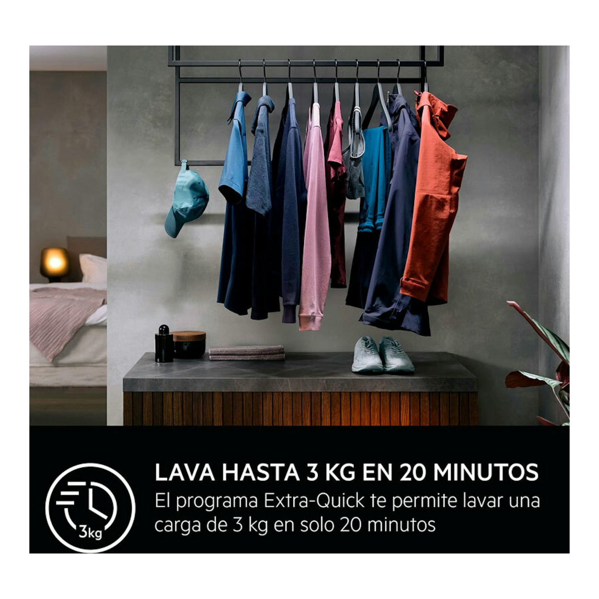 AEG LFR6284N4B, lavadora en anuncio con ropa colgada y texto “lava hasta 3 kg en 20 minutos”.
