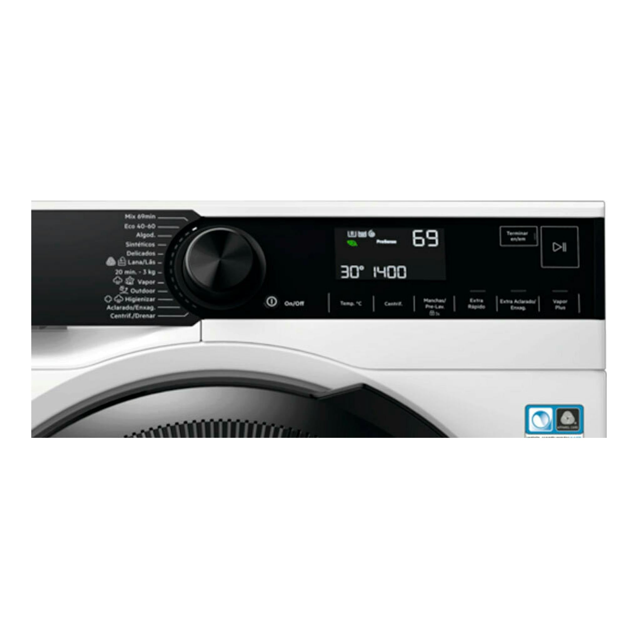 Lavadora AEG LFR7354O4B, vista frontal del panel negro con mando central y pantalla digital.