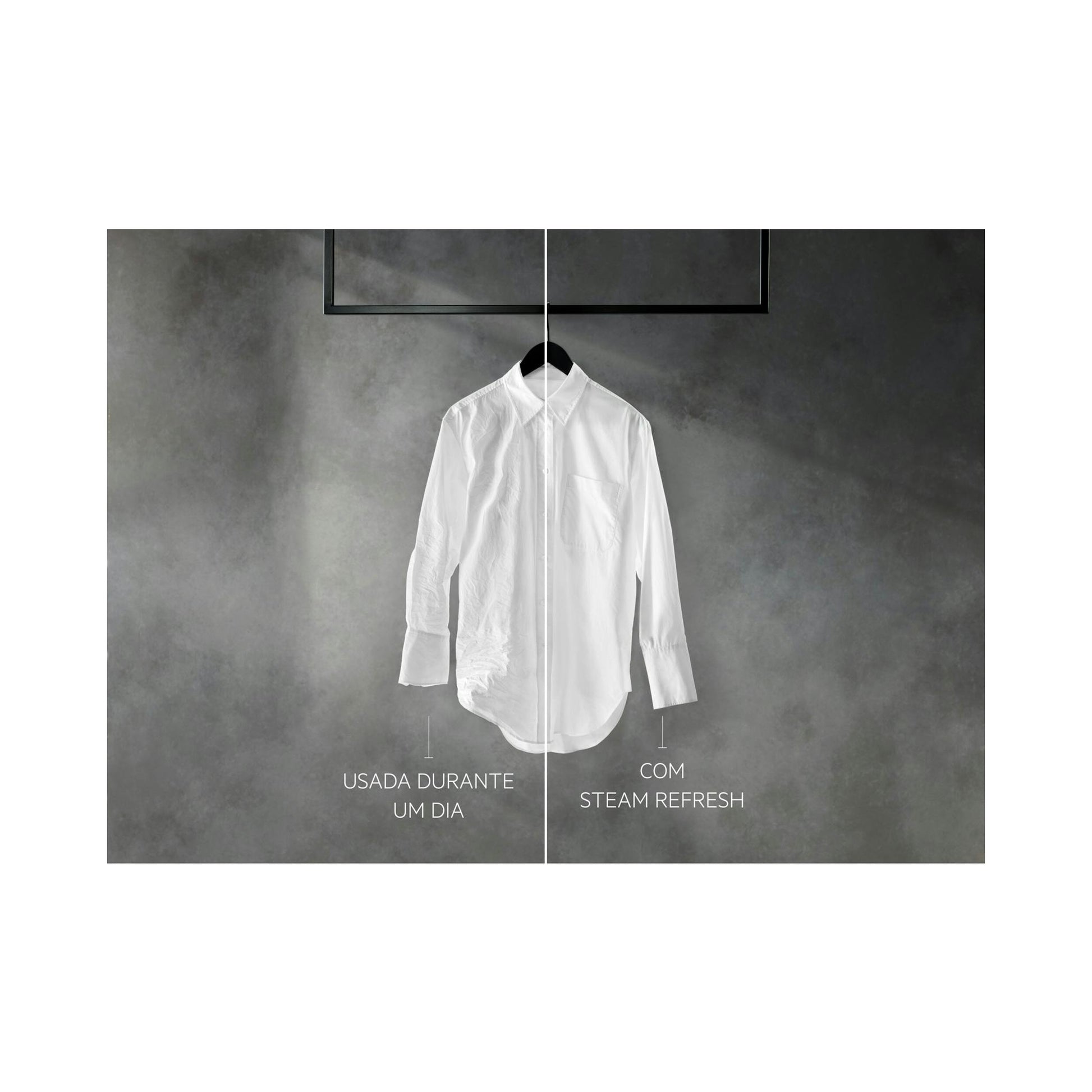 Camisa blanca colgada en percha sobre fondo gris, en una composición dividida con texto promocional.