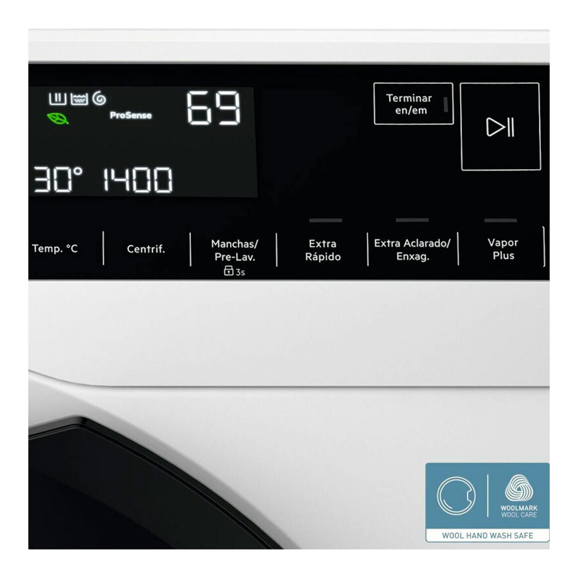 Panel de control de lavadora AEG LFSR7304L4BP, blanco y negro, con pantalla digital y botones táctiles.