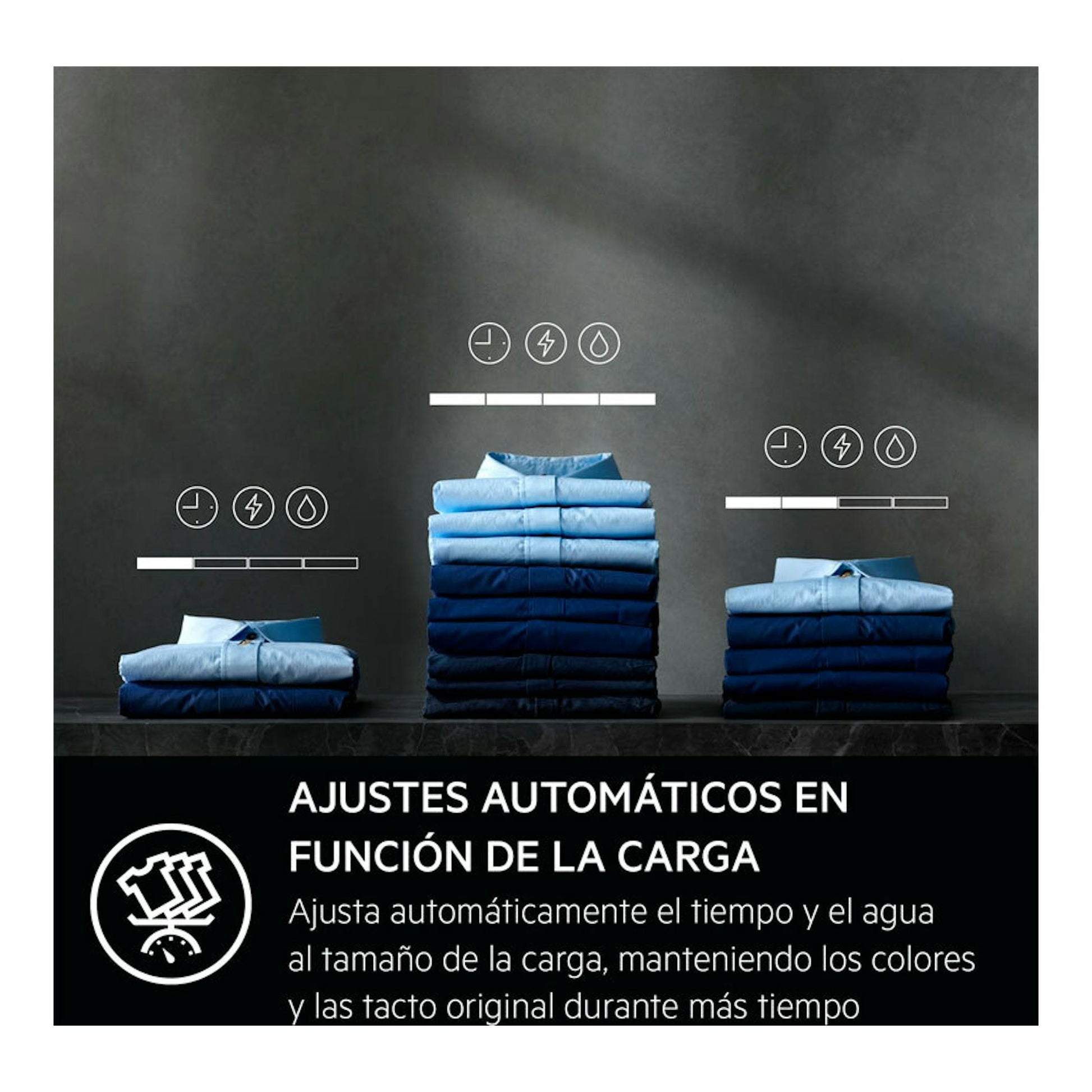 AEG LFSR7304L4BP, gráfico de lavadora con tres pilas de ropa doblada y texto sobre ajustes automáticos de carga.