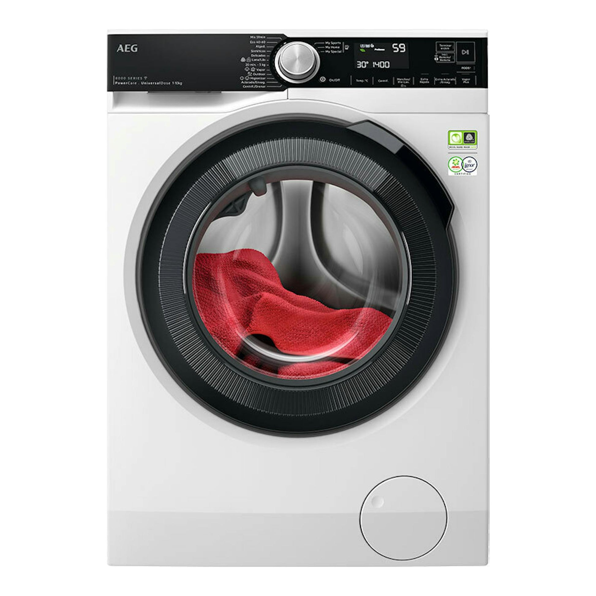 Lavadora frontal AEG LFSR8514L6O blanca, con panel negro y ropa roja visible en el tambor.