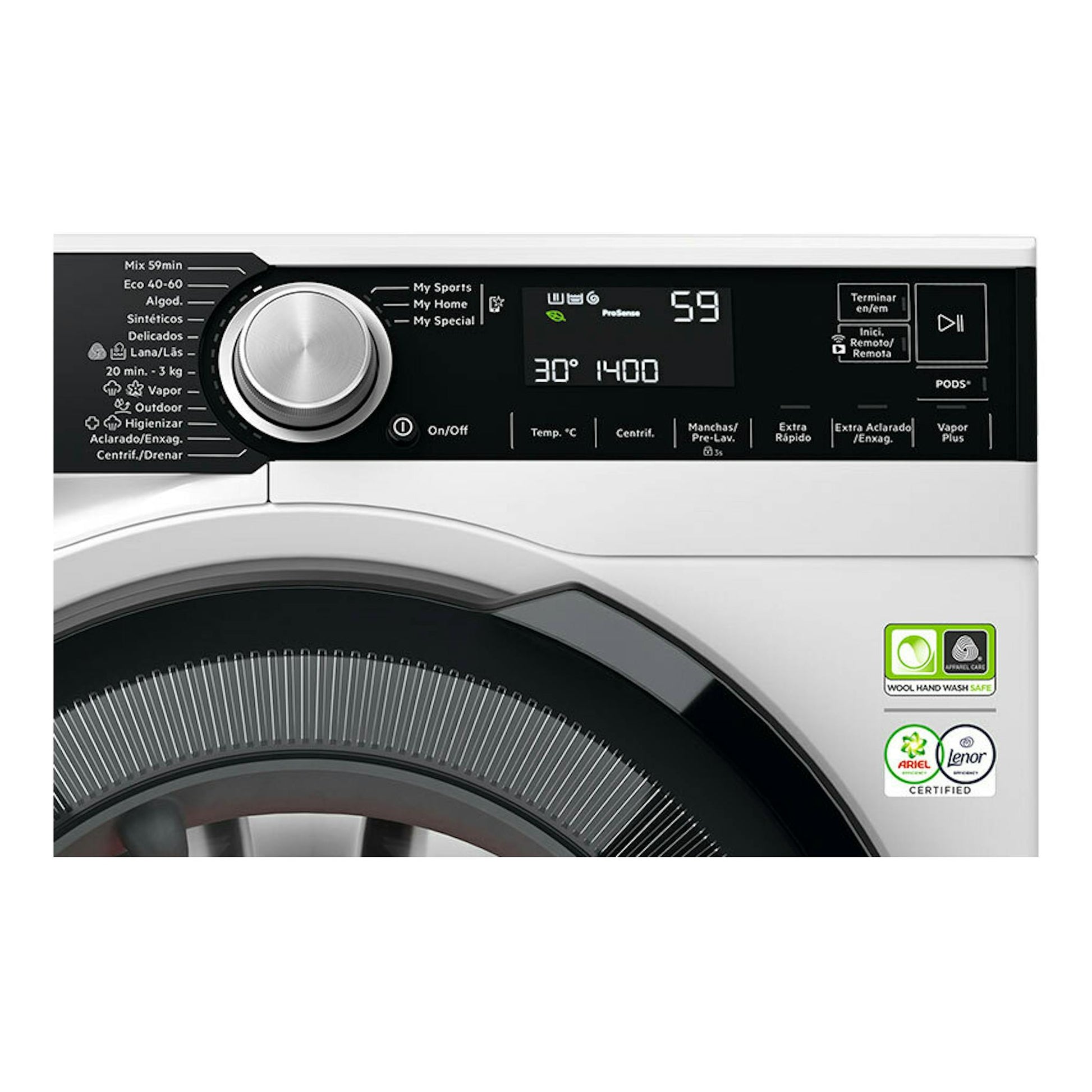 Panel frontal de lavadora AEG LFSR8514L6O blanca y negra, con selector y pantalla digital.