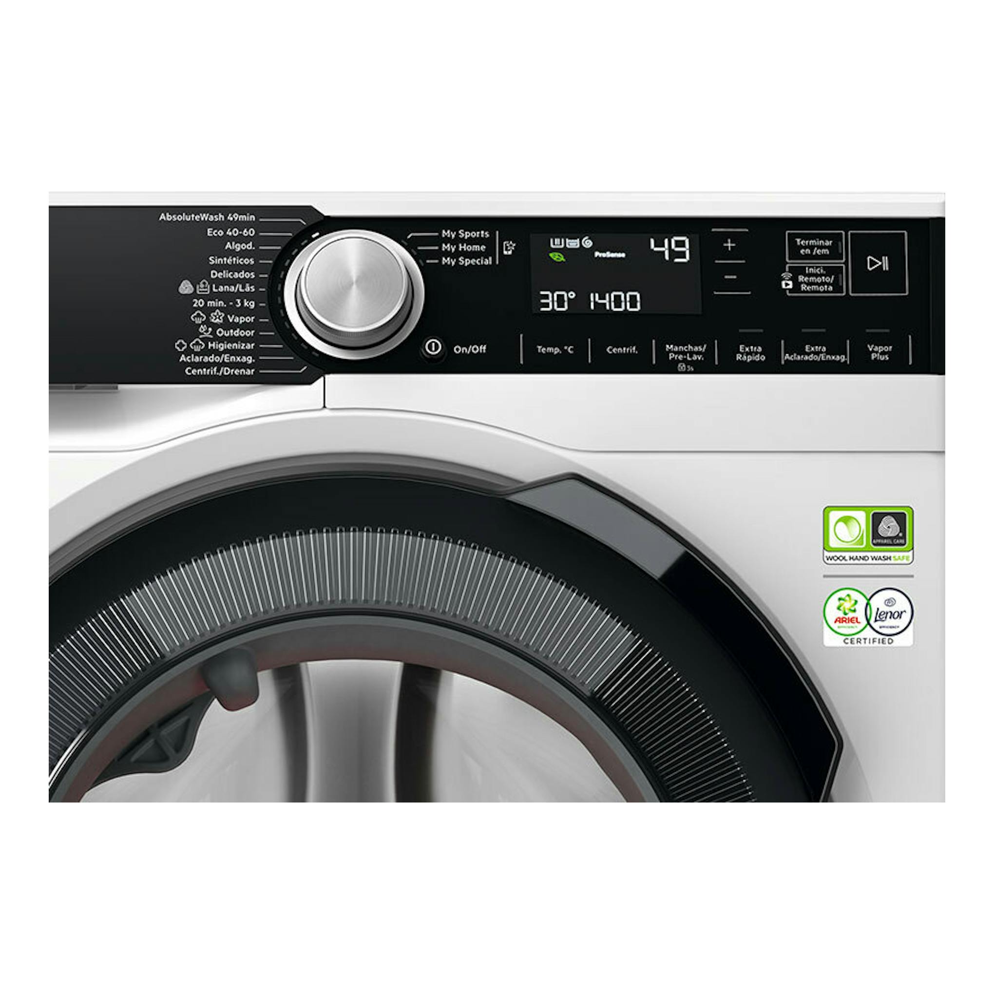 Lavadora AEG LFSR9514L6U 10 kg, vista frontal parcial, blanca, con panel negro y puerta circular.