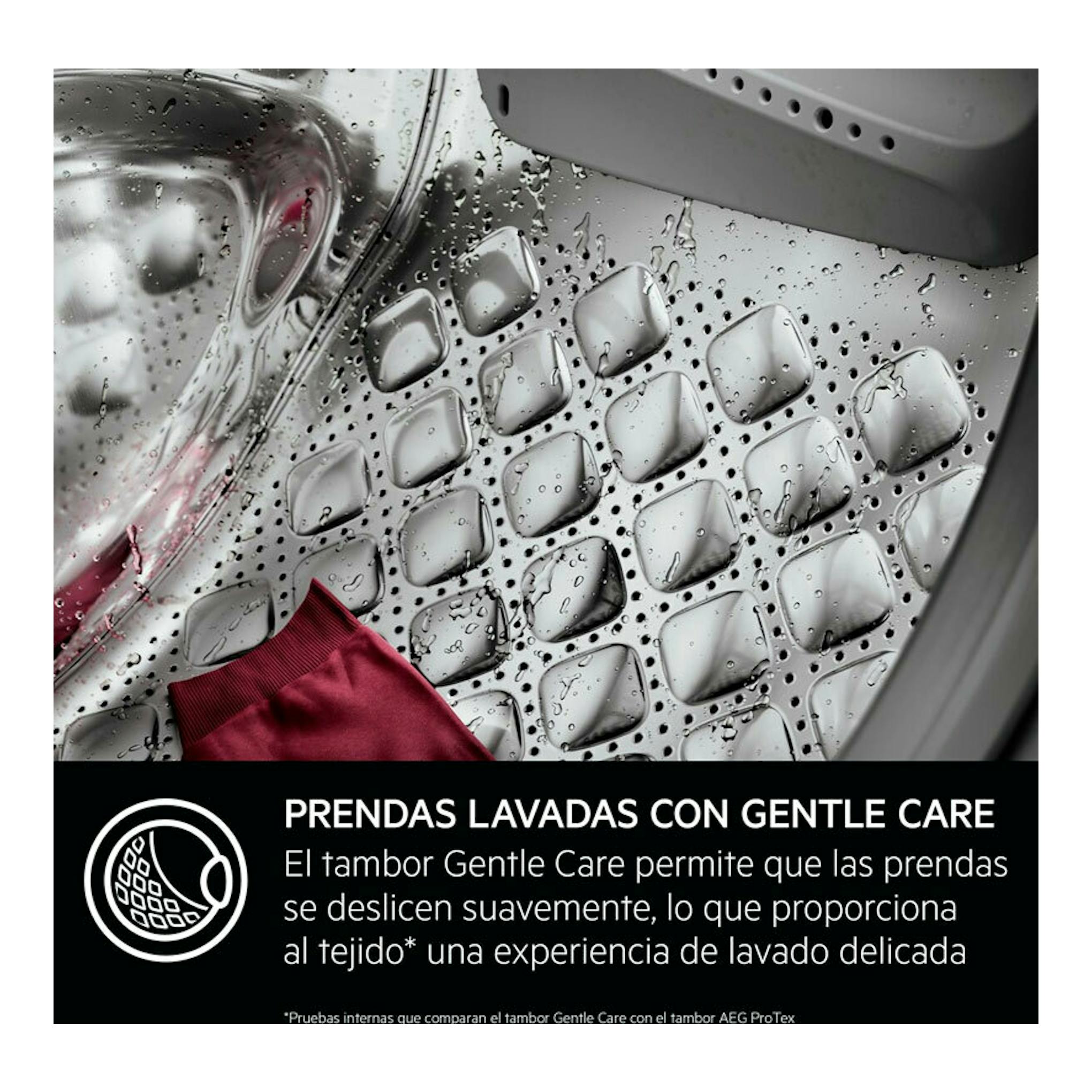 Interior del tambor de una lavadora AEG Gentle Care con ropa roja y gotas de agua, en primer plano.