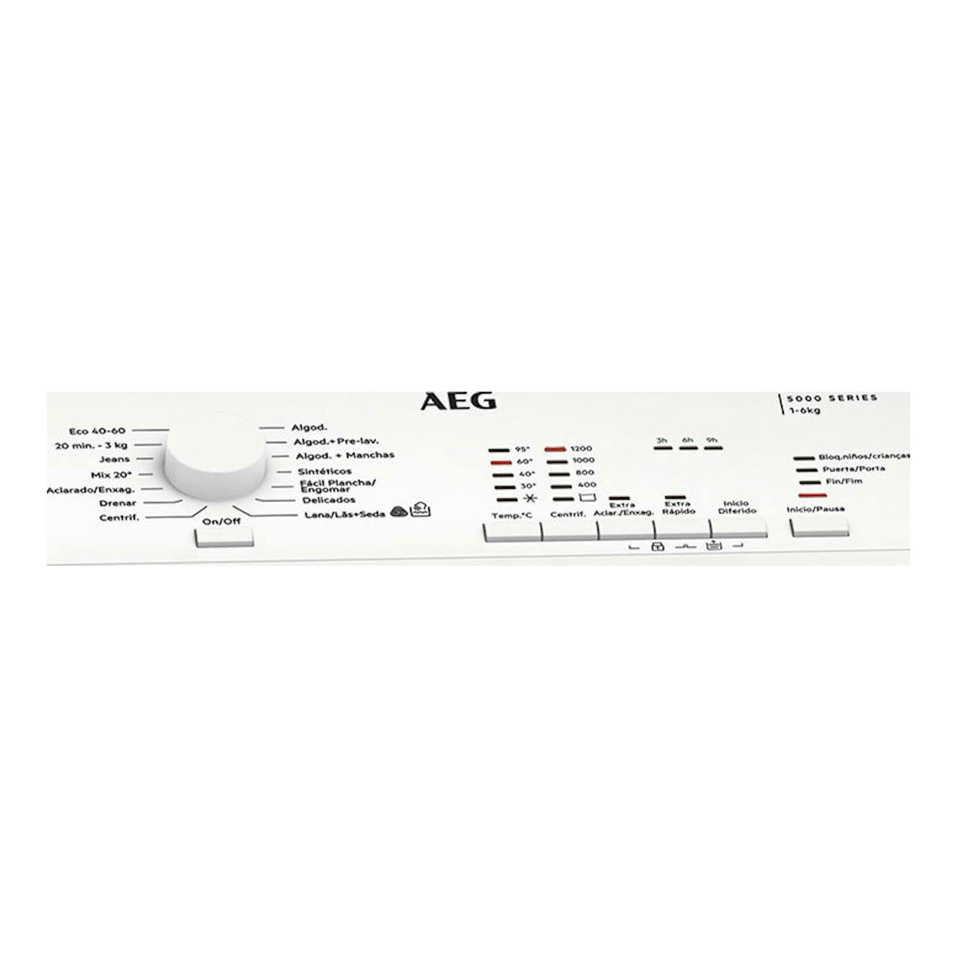 Panel de control de lavadora AEG LTA5N6230E blanca, vista superior con mando giratorio y botones.