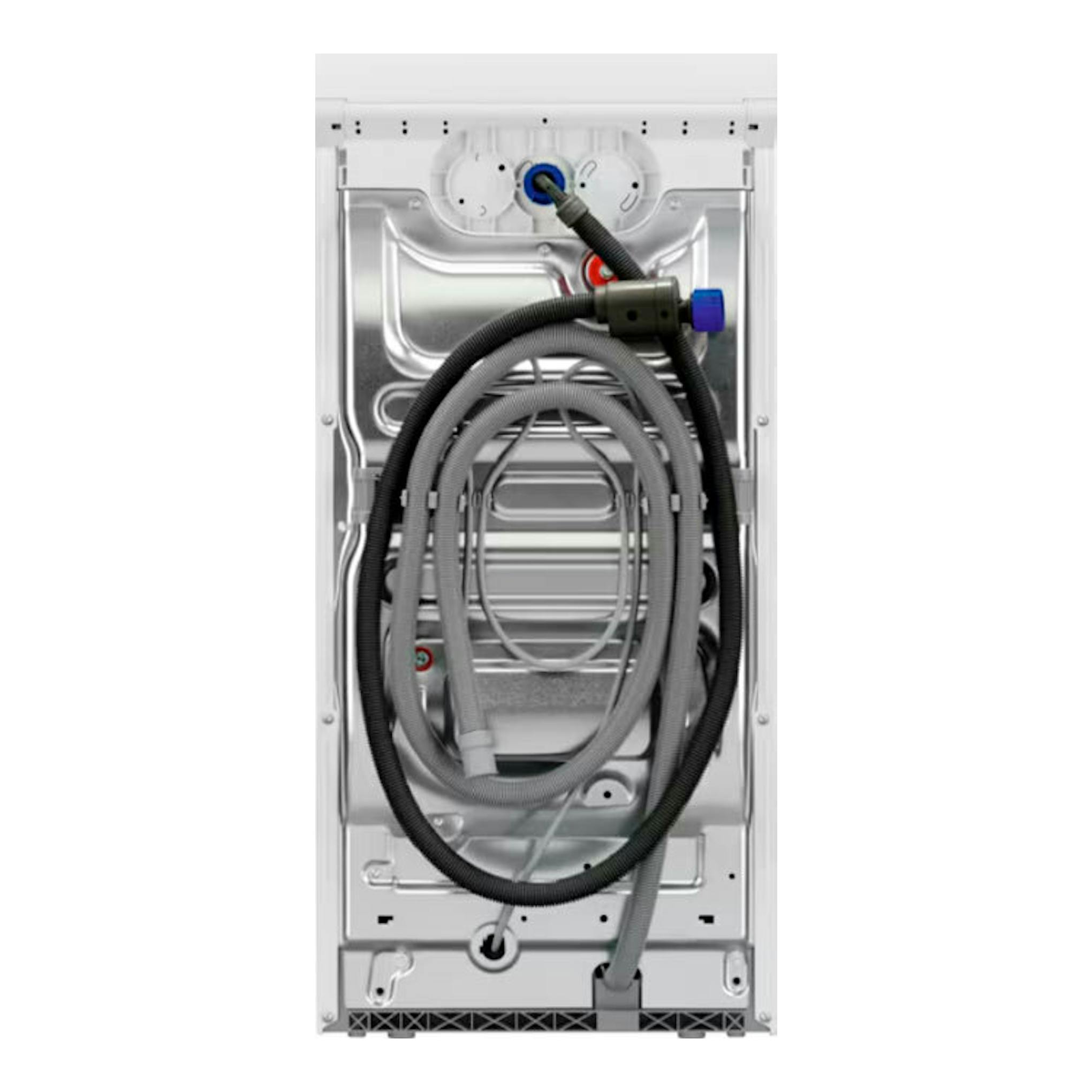 Lavadora AEG LTA7E7231E, vista trasera, blanca, con mangueras de conexión enrolladas.