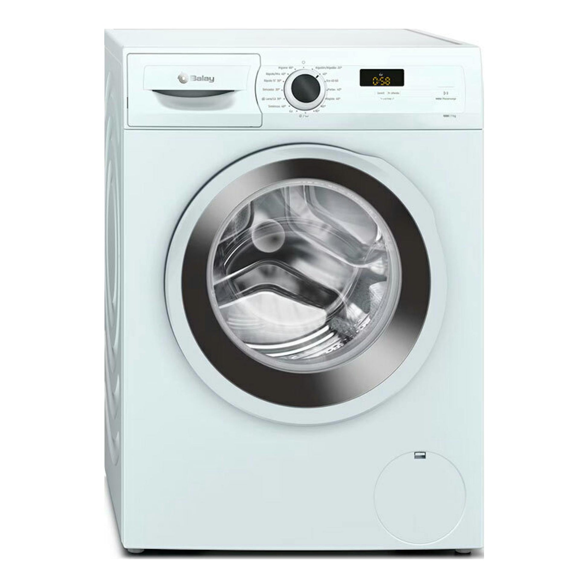 Lavadora Balay 3TS273BA blanca, vista frontal, con puerta circular y panel digital superior.