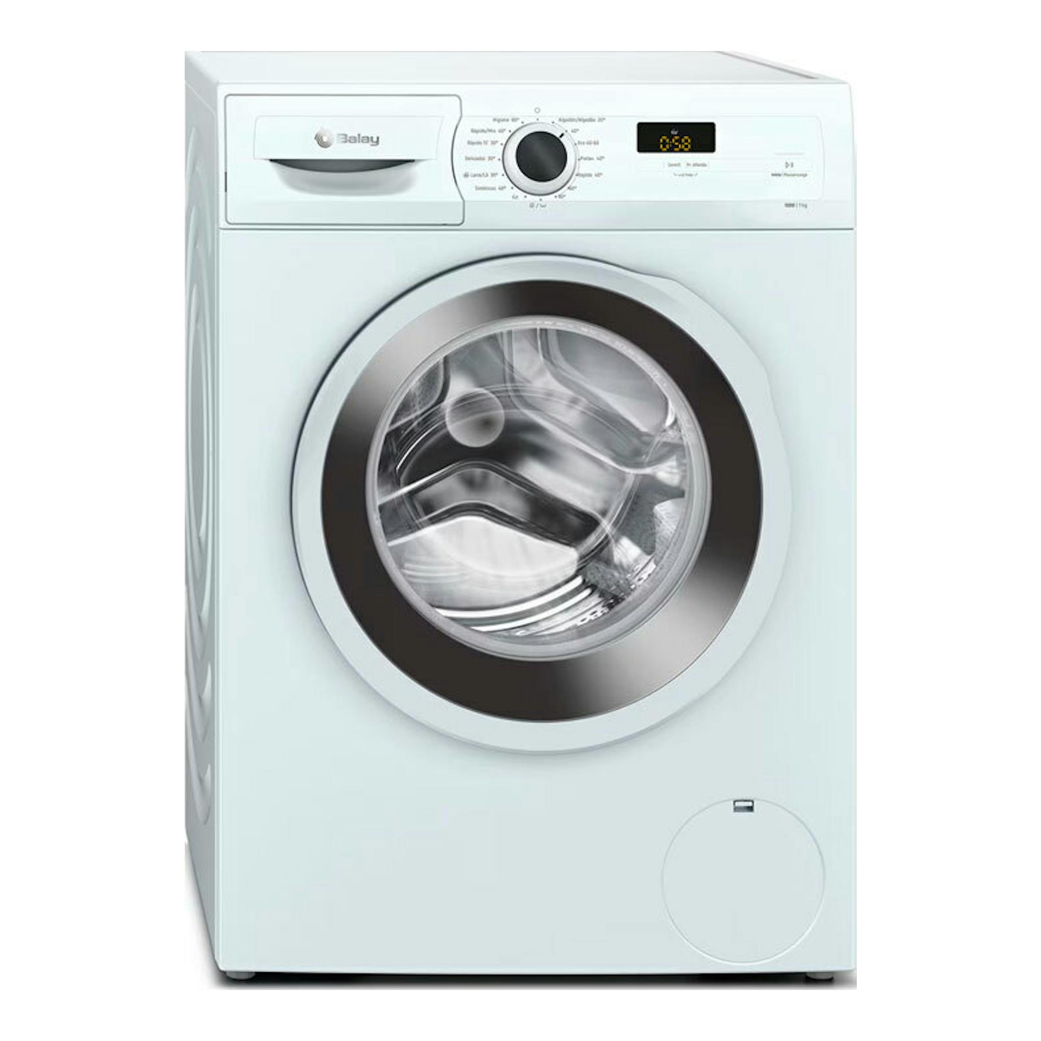Lavadora Balay 3TS273BA blanca, vista frontal, con puerta circular y panel digital superior.