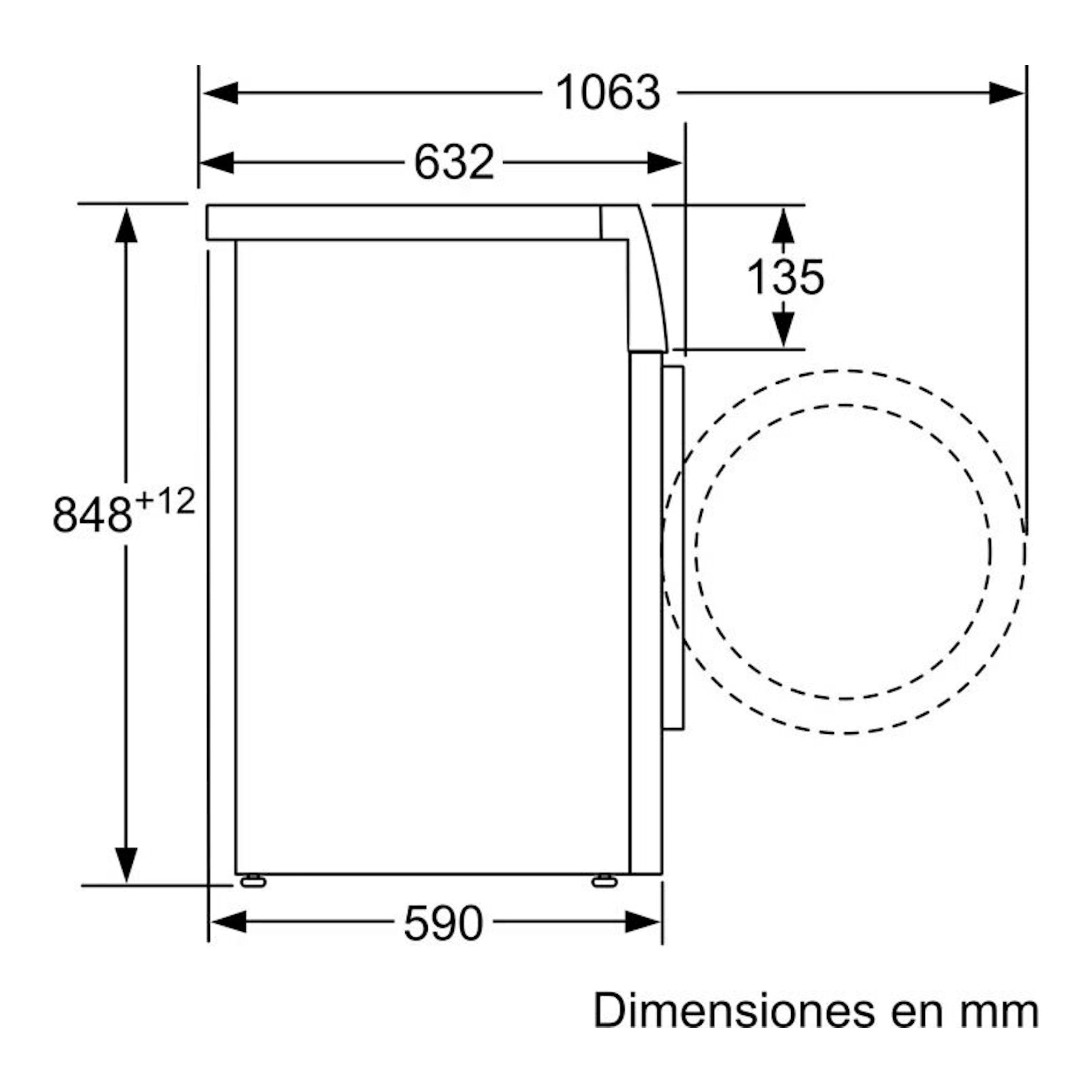 Lavadora Balay 3TS273BA 7Kg, vista lateral esquemática con medidas en mm y puerta abierta.