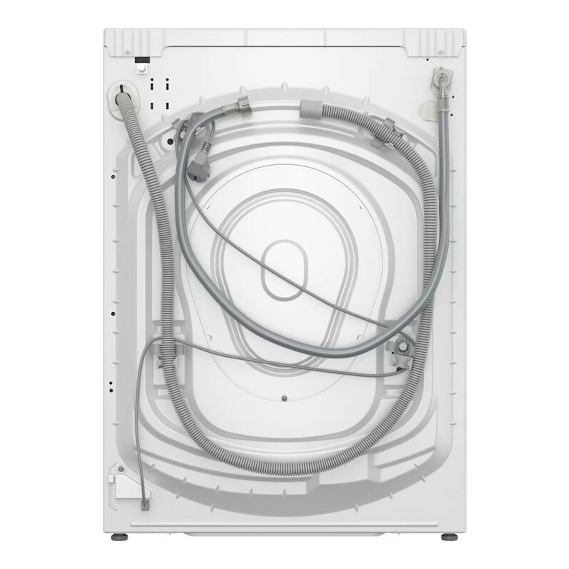 Lavadora Balay 3TS273BA blanca, vista trasera con mangueras y cable.