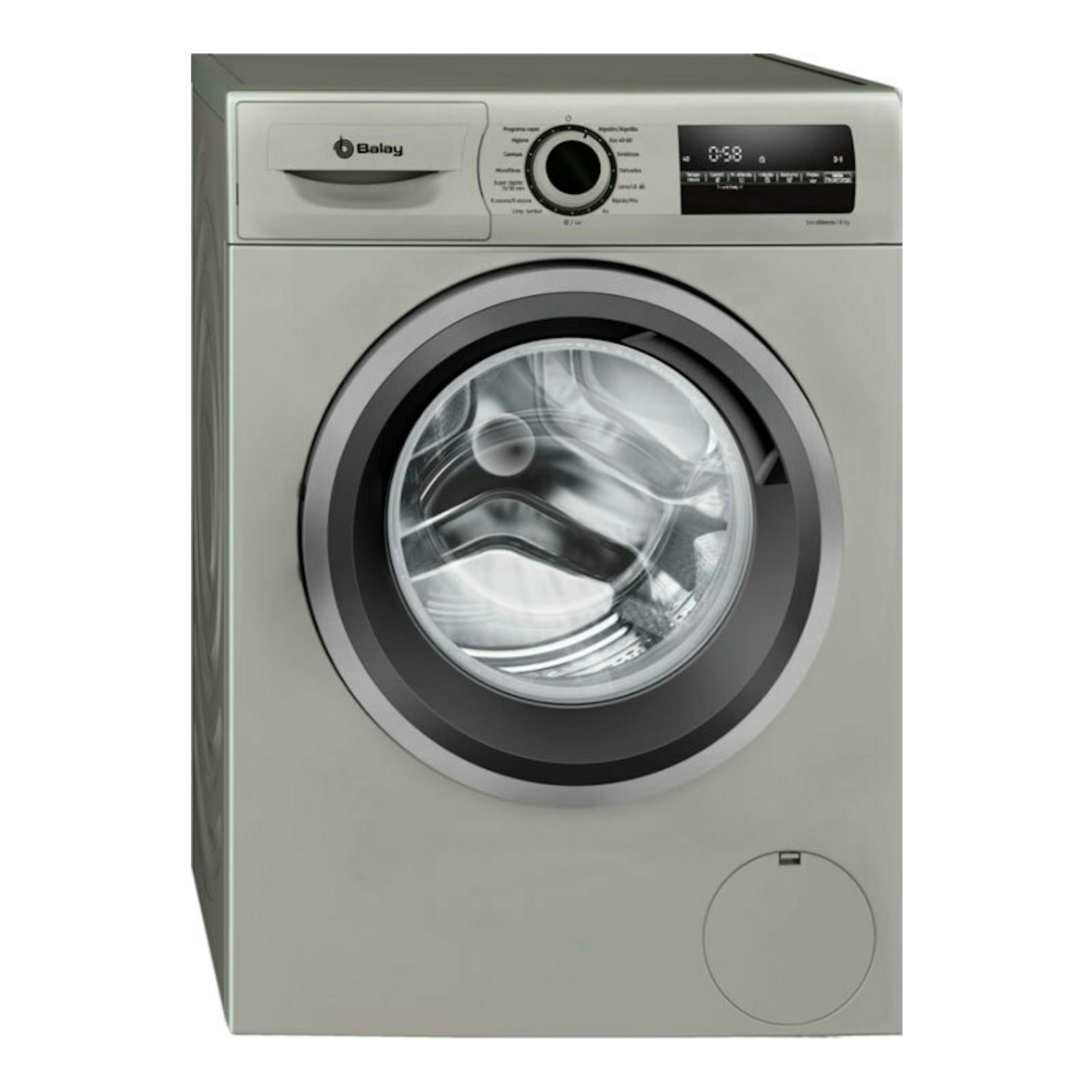Lavadora Balay 3TS284X gris, de carga frontal, vista frontal, con puerta circular y panel digital.