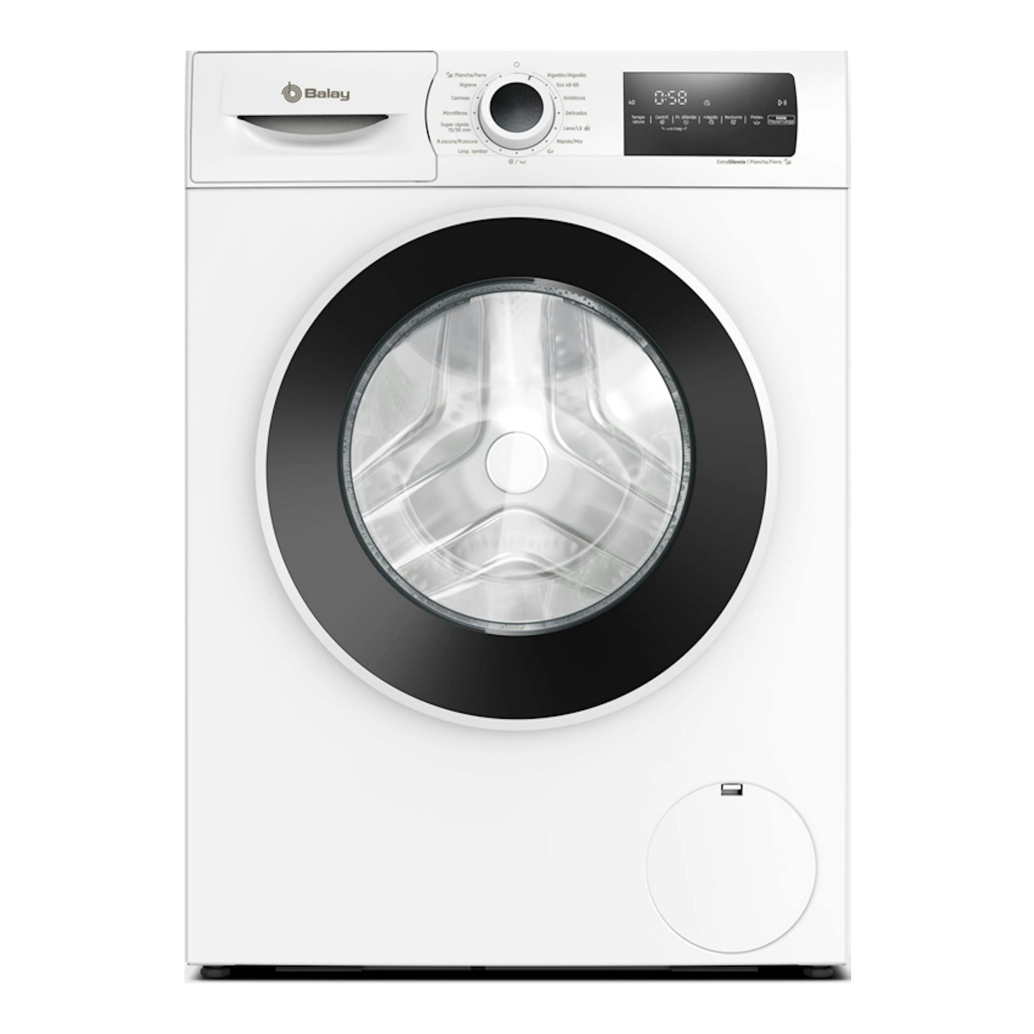 Lavadora Balay 3TS382B de 8 kg, blanca, vista frontal, con puerta circular negra y panel digital superior.