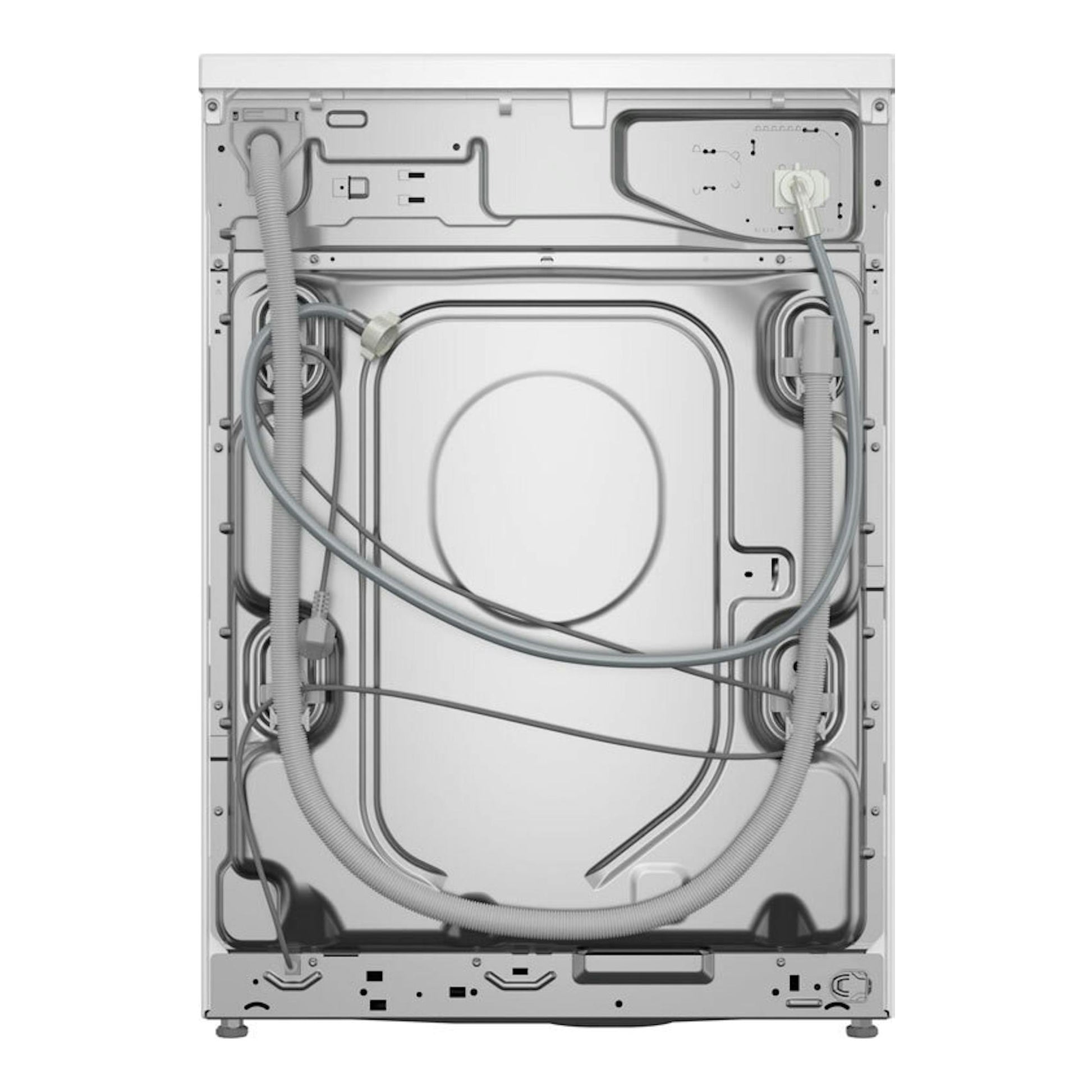 Lavadora Balay 3TS382B blanca, vista trasera con mangueras y cables visibles.