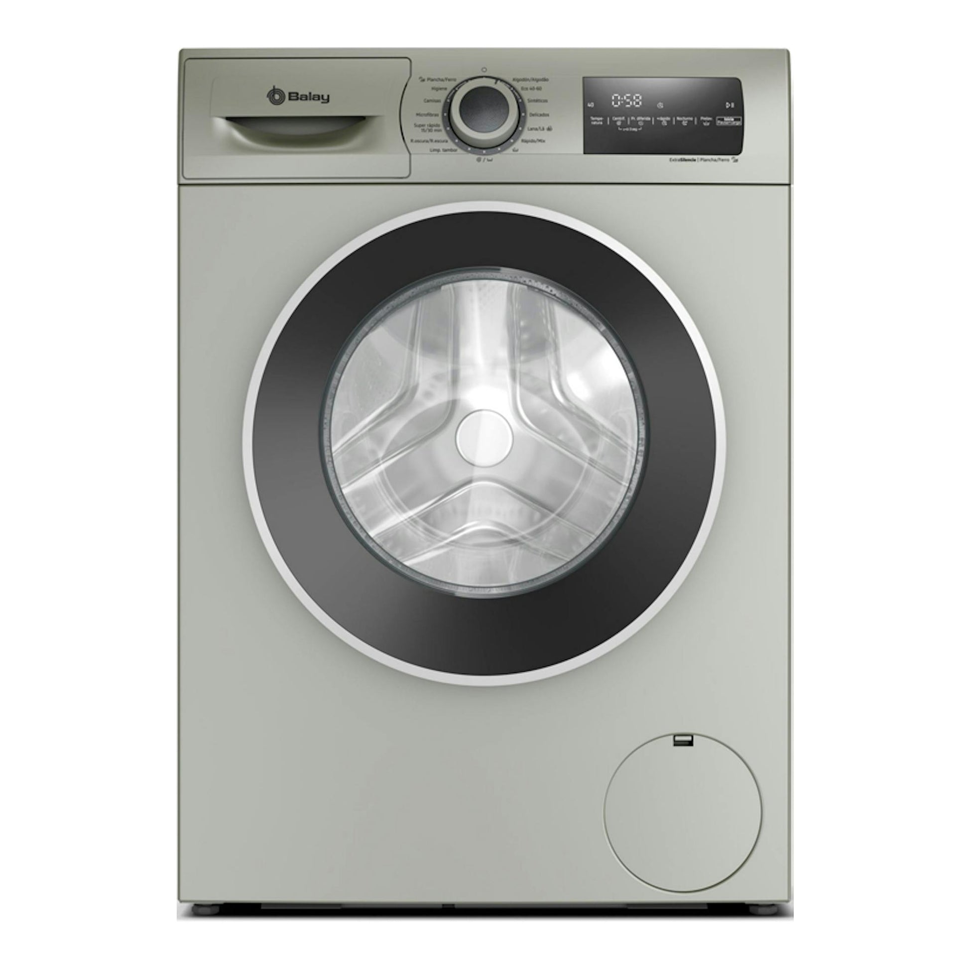 Lavadora Balay 3TS382X gris, vista frontal, con puerta circular negra y panel digital superior.