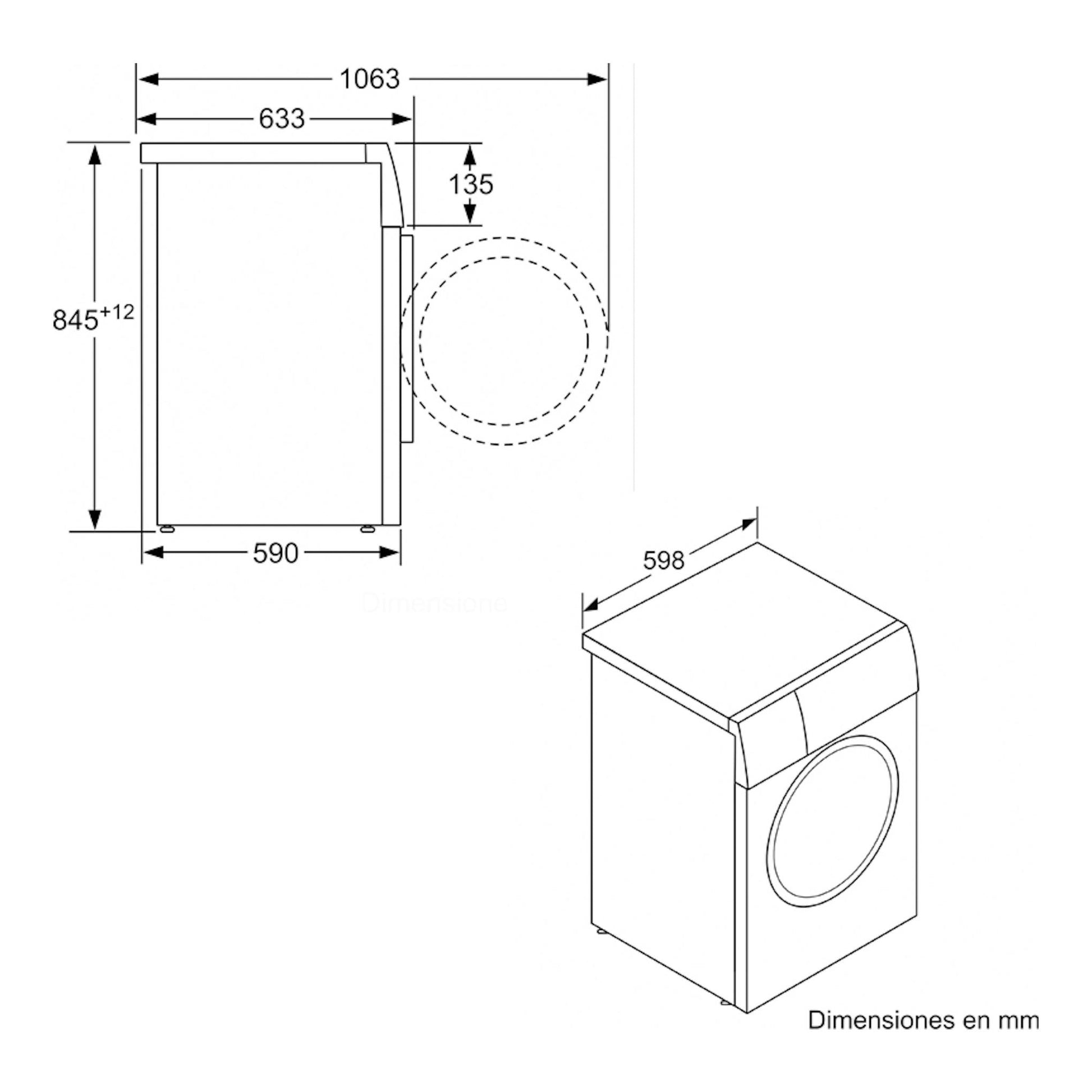 Dibujo técnico en blanco y negro de lavadora Balay 3TS382X, vista lateral e isométrica, con dimensiones en mm.