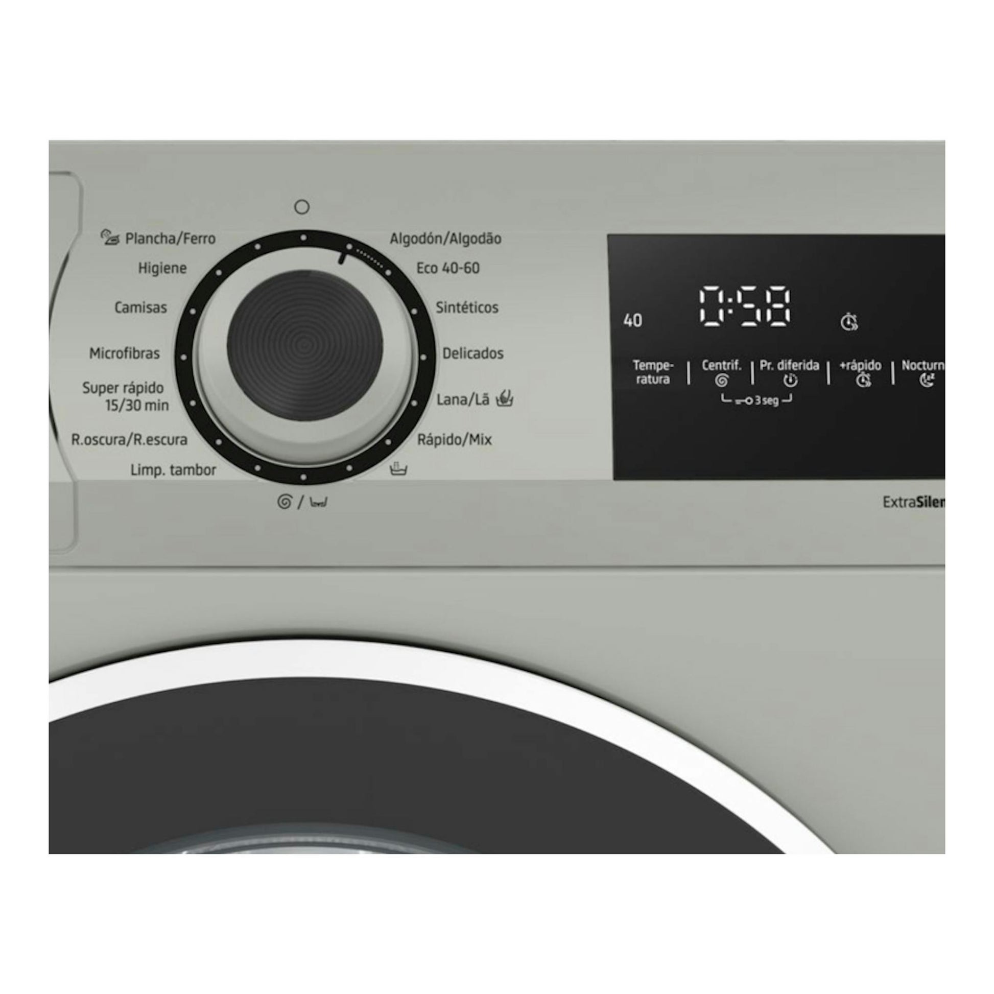 Panel frontal de lavadora Balay 3TS382X gris claro, con selector de programas y display digital.