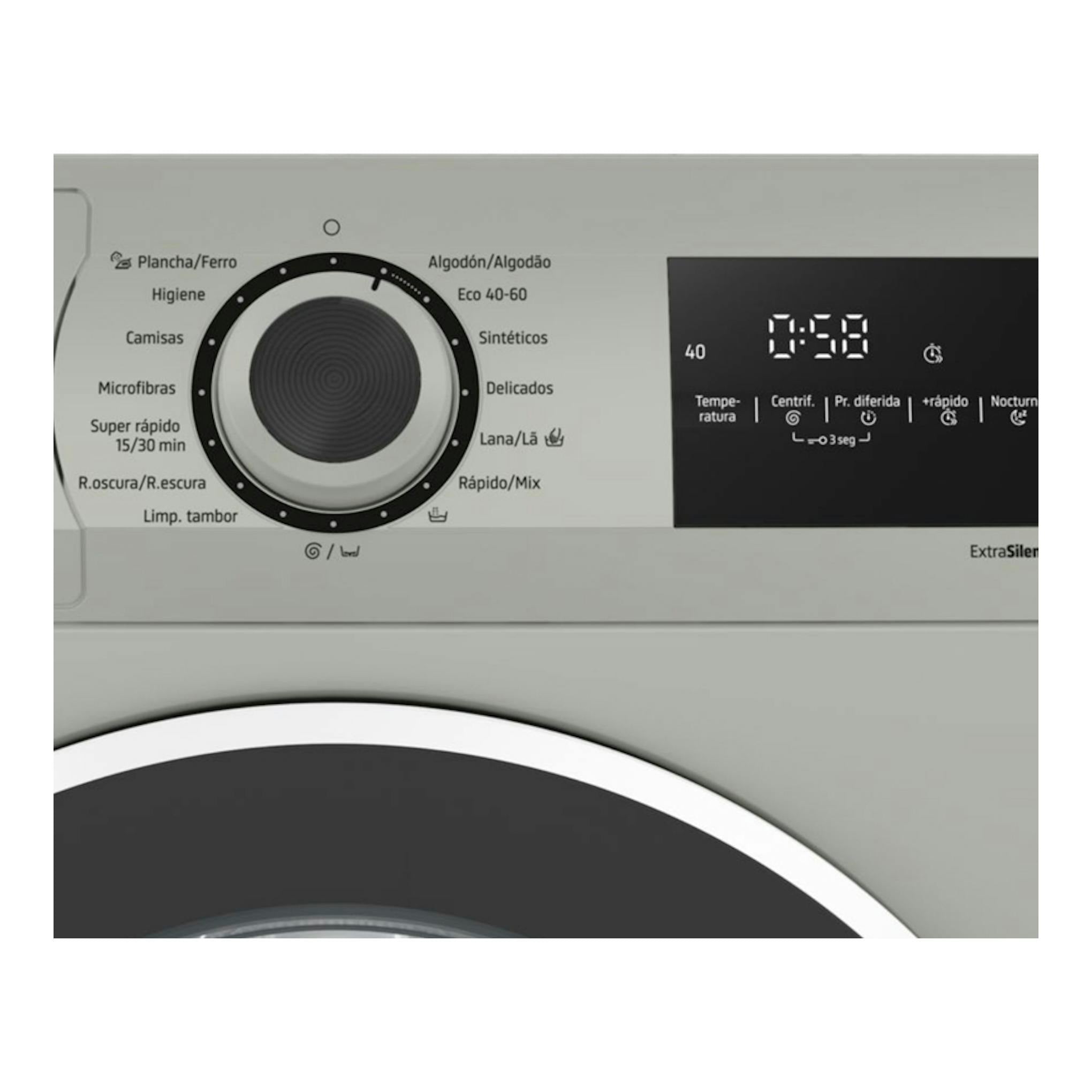 Panel frontal de lavadora Balay 3TS382X gris claro, con selector de programas y display digital.
