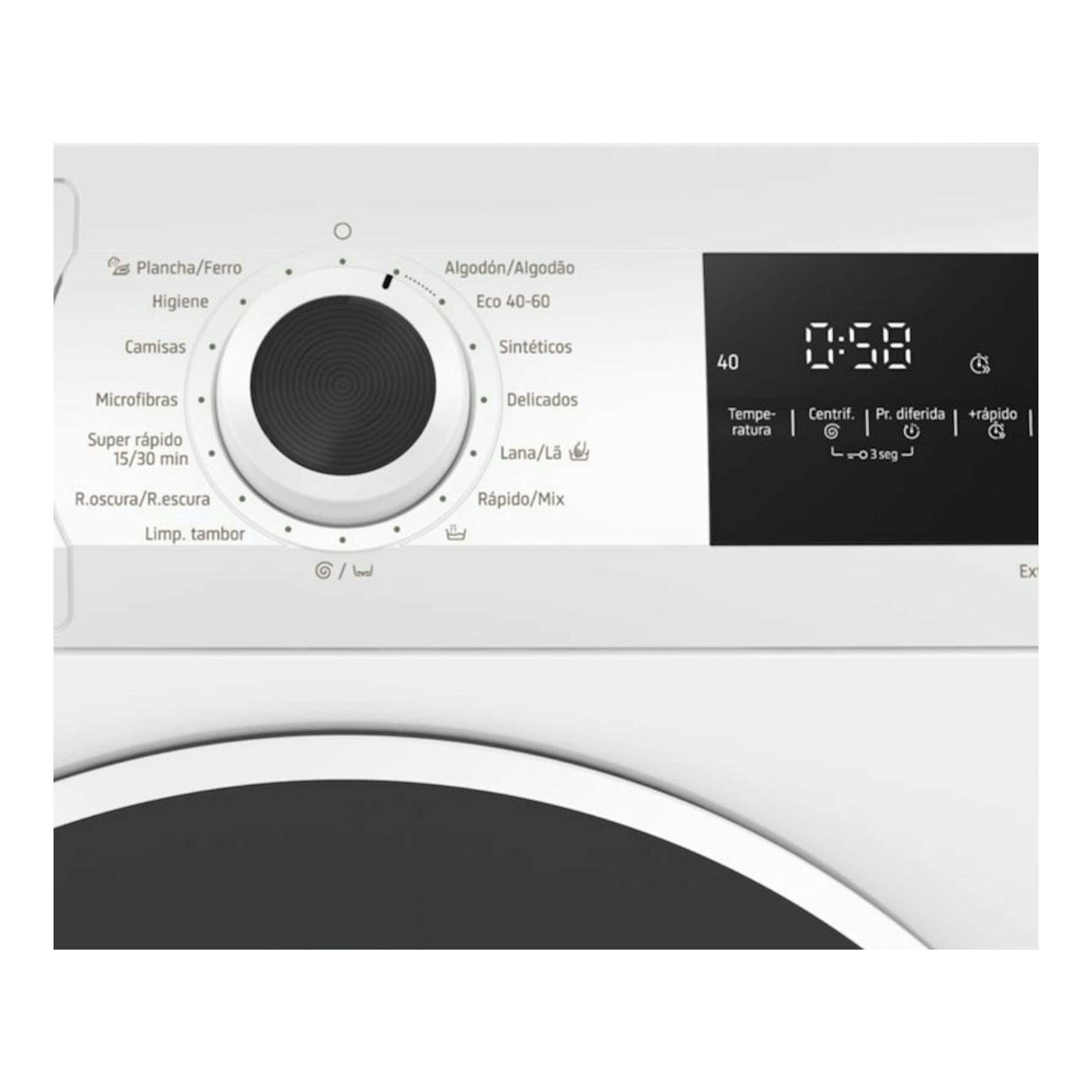 Lavadora Balay 3TS385B blanca, vista frontal del panel de control con selector y pantalla digital.