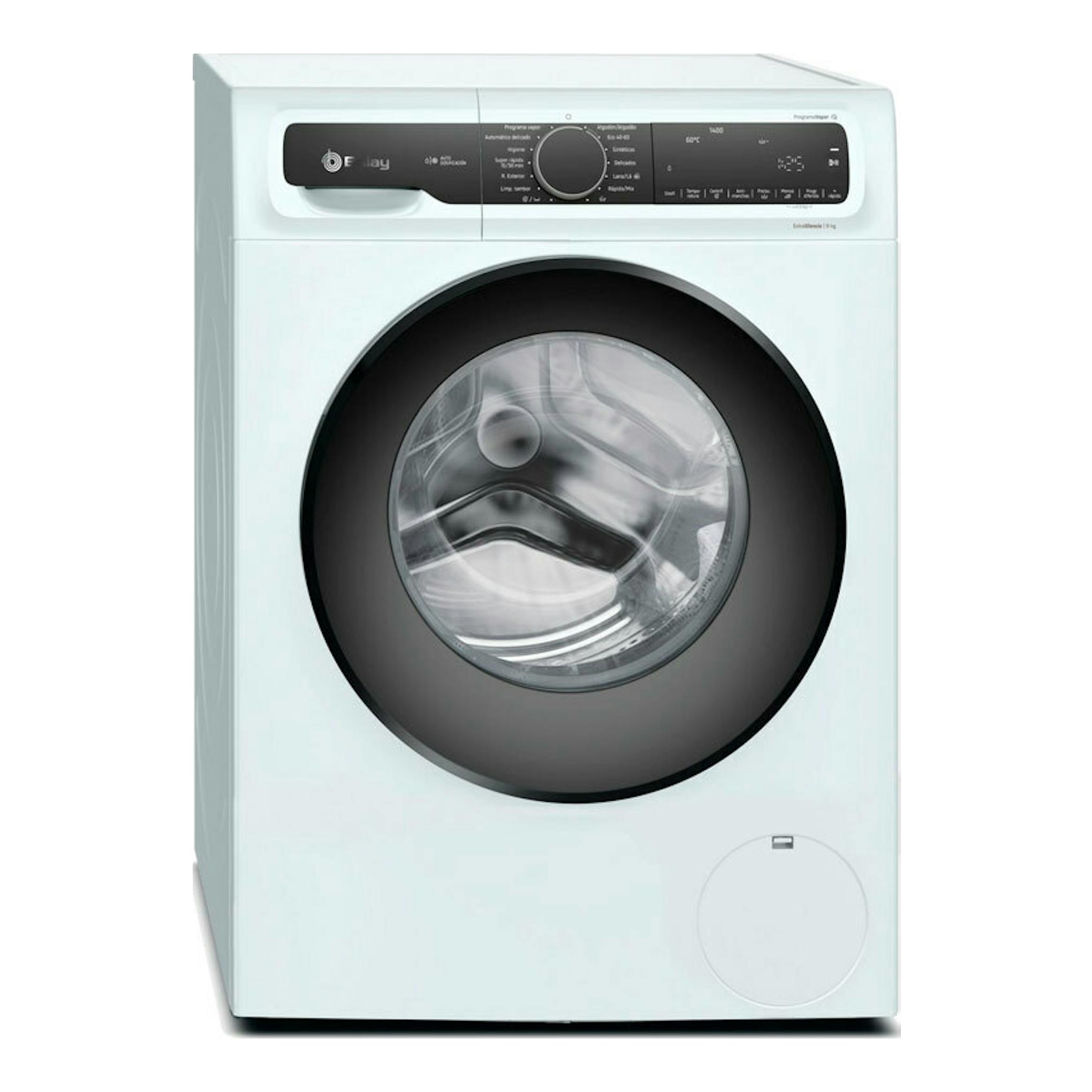 Lavadora Balay 3TS395BDS blanca, vista frontal, con puerta circular negra y panel superior.