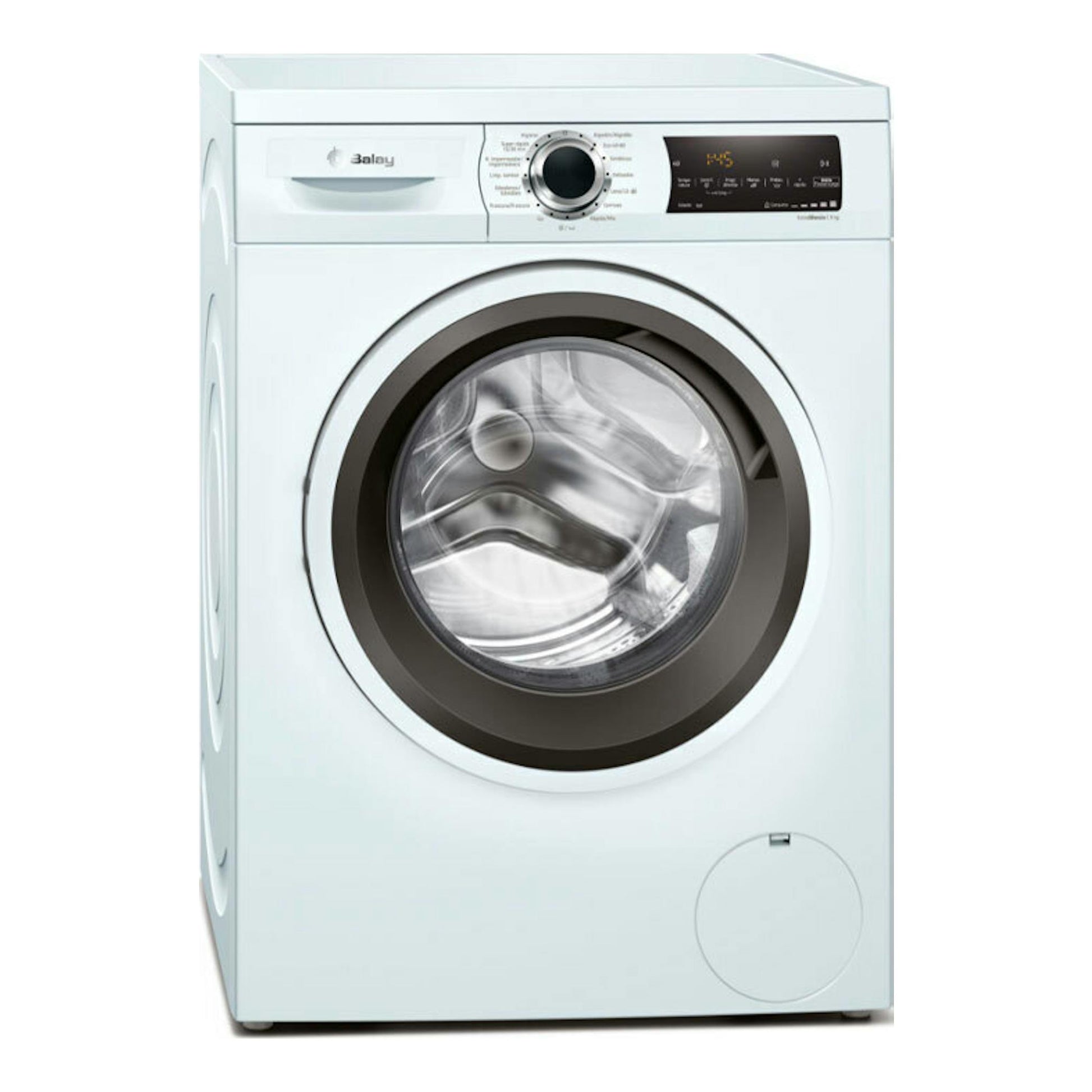 Lavadora frontal Balay 3TS993BP blanca, vista frontal con puerta circular y panel digital.