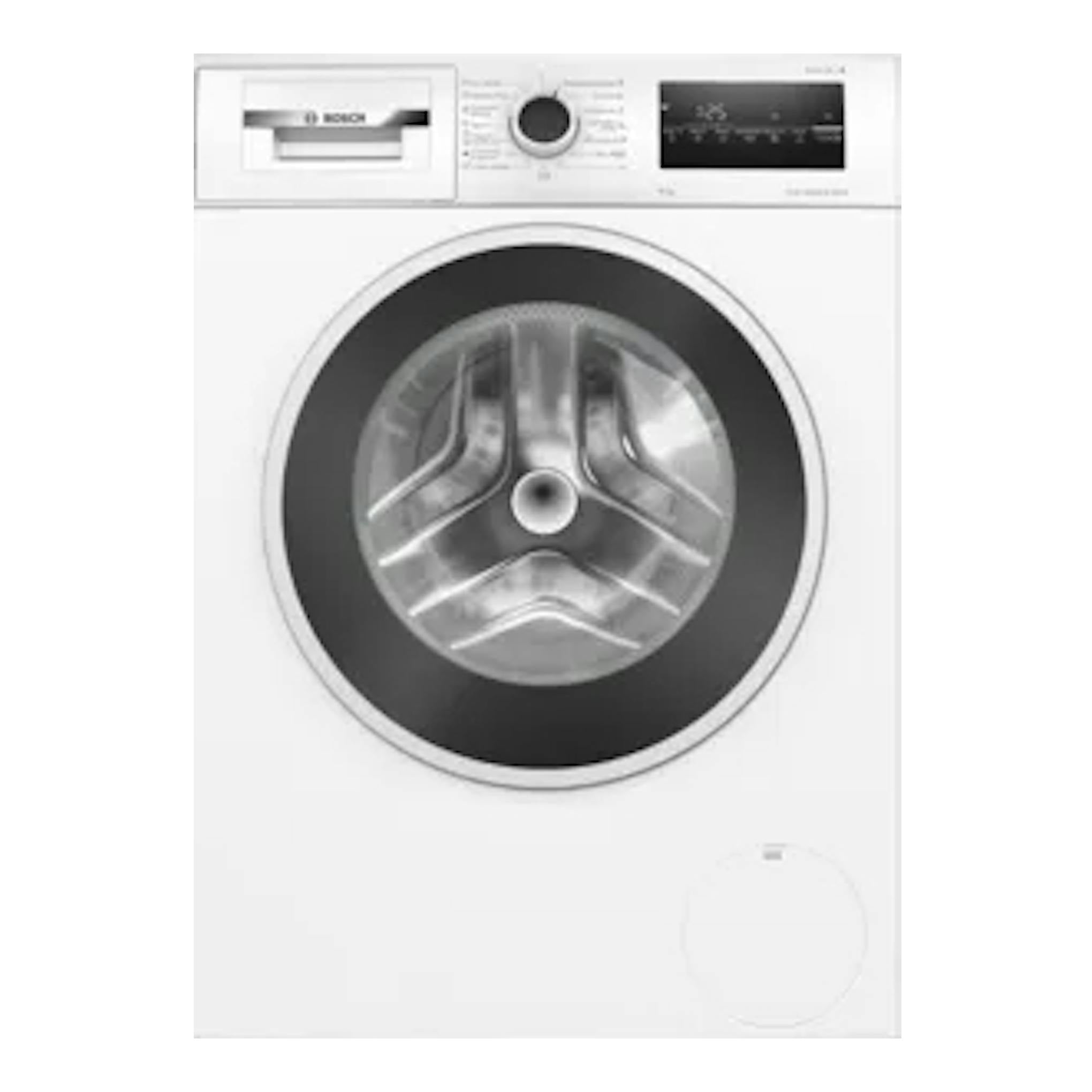 Lavadora Bosch WAN28283ES blanca, vista frontal, con puerta circular y panel de control superior.