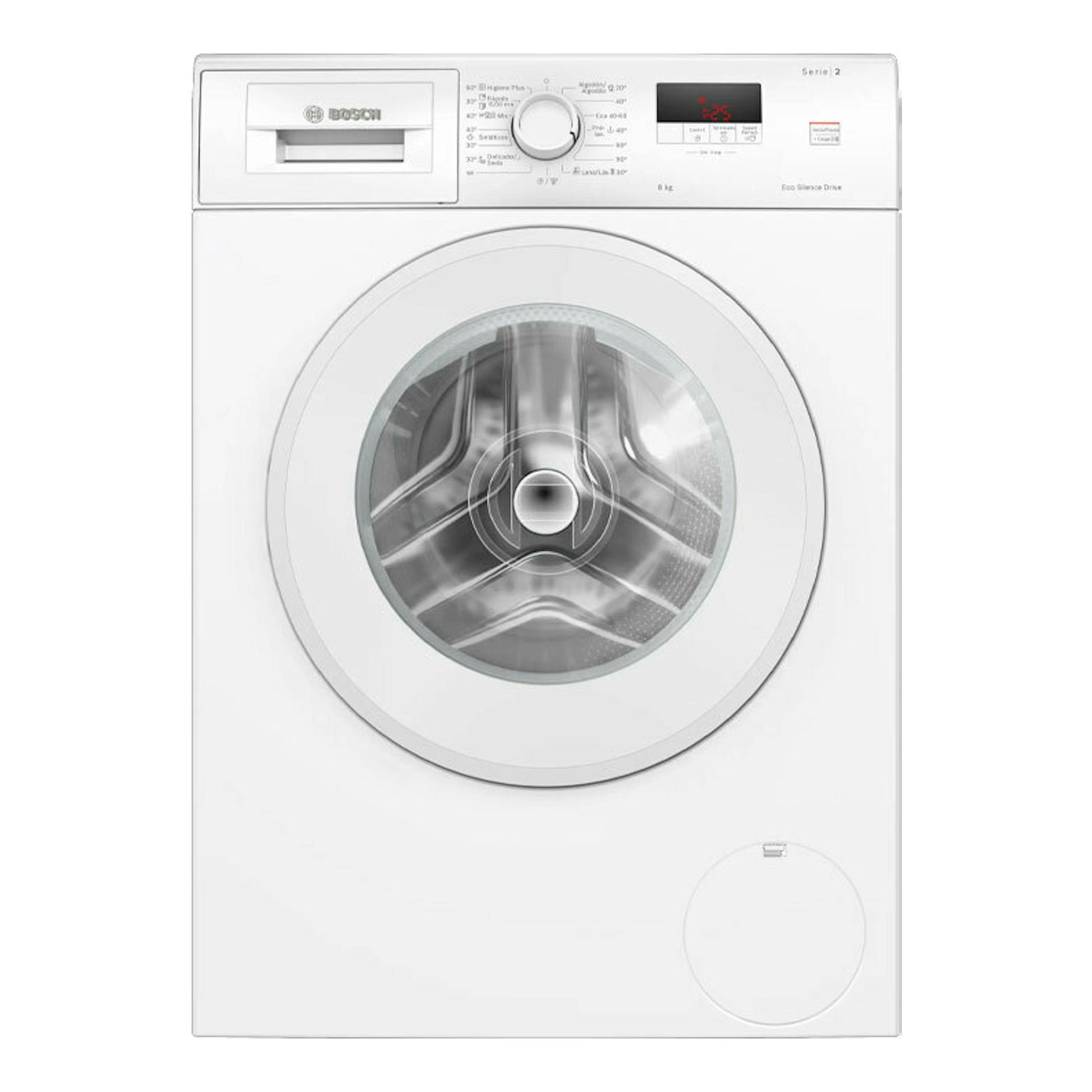 Lavadora Bosch WGE03200EP blanca, vista frontal, con puerta circular y panel de control superior.
