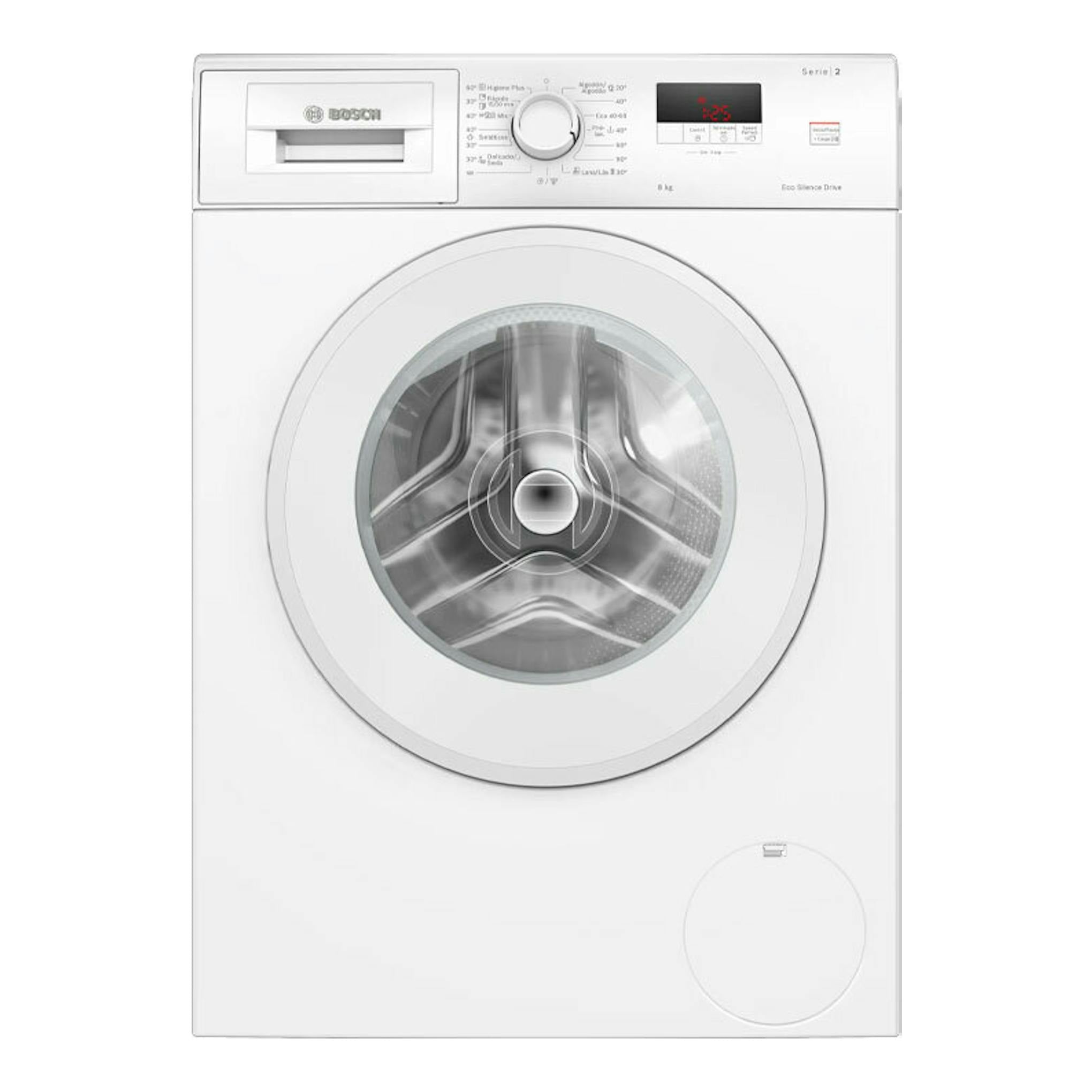 Lavadora Bosch WGE03200EP blanca, vista frontal, con puerta circular y panel de control superior.