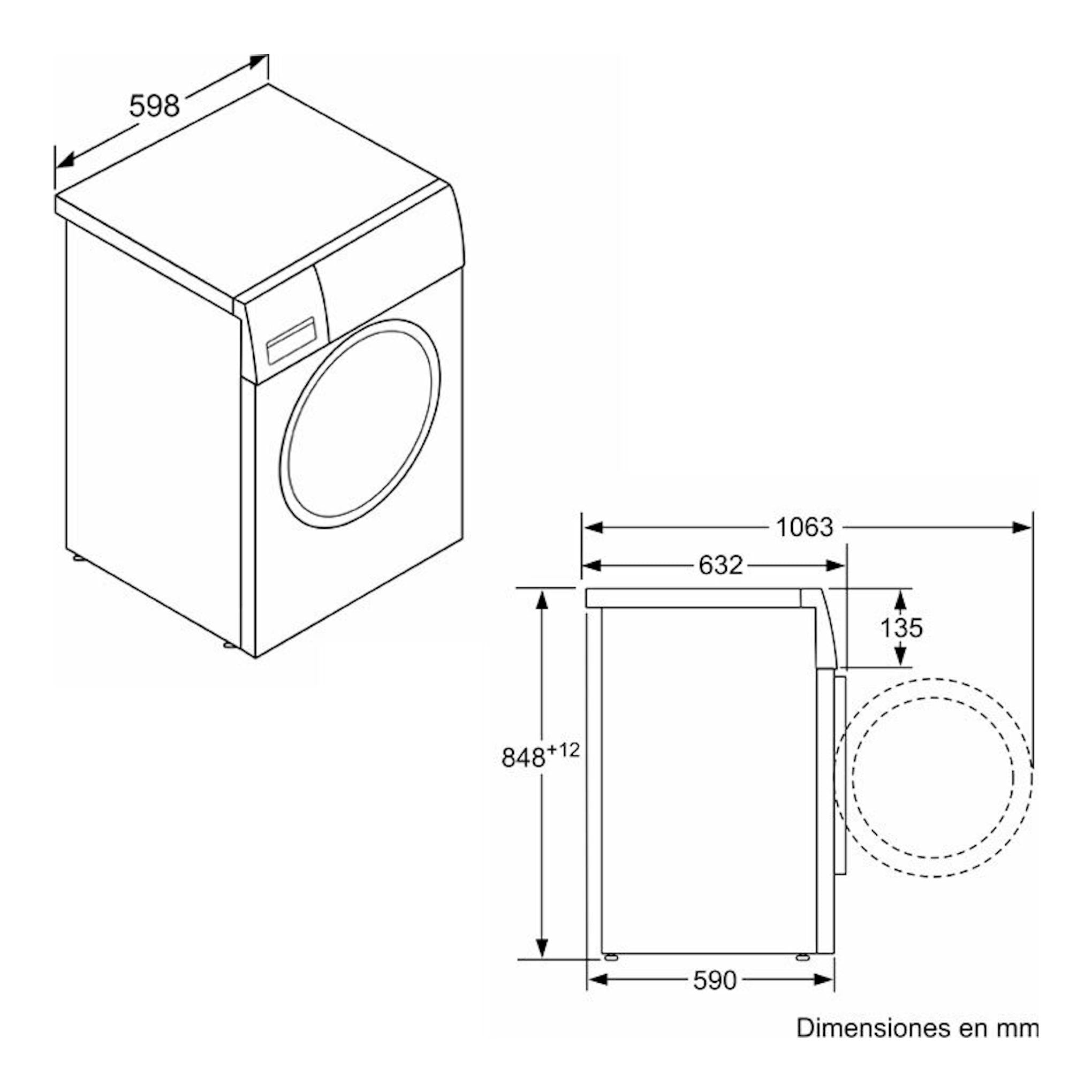 Lavadora Bosch WGE03200EP blanca, vista isométrica y lateral con puerta frontal y medidas en mm.