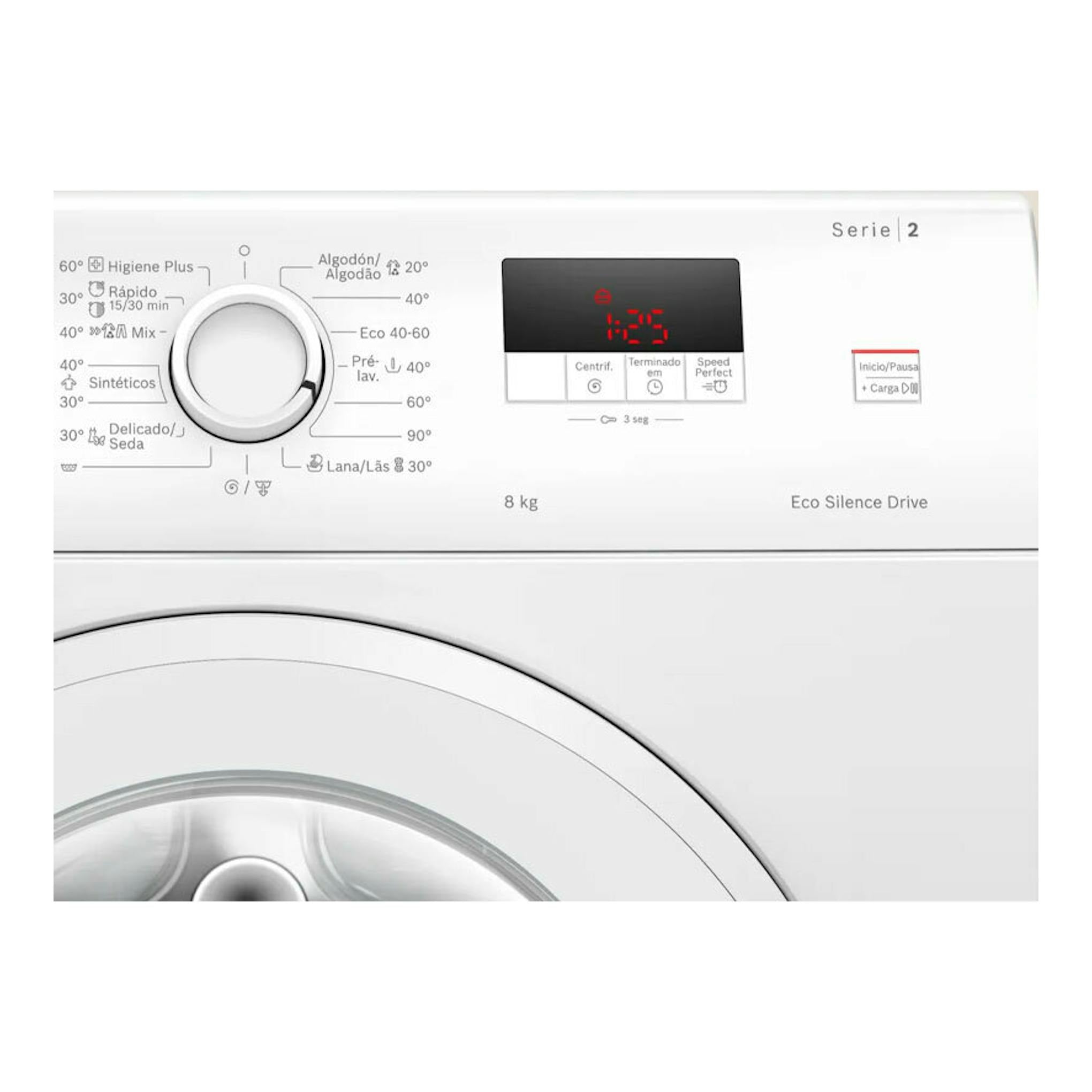 Lavadora Bosch WGE03200EP Serie 2 blanca, vista frontal del panel y puerta, 8 kg