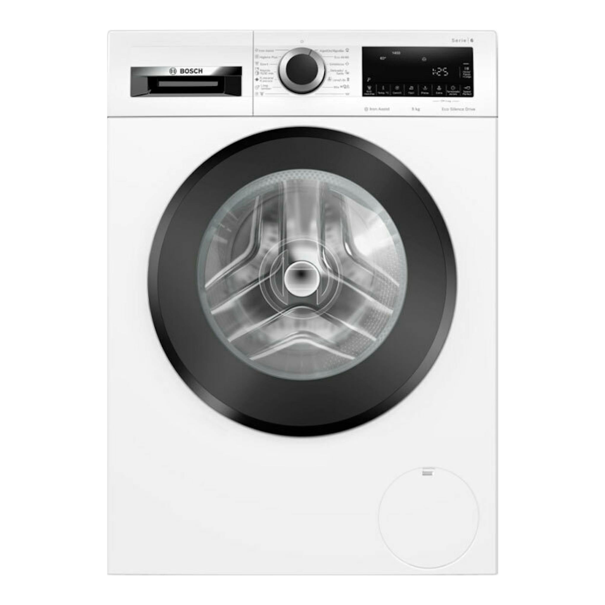 Lavadora Bosch WGG244Z0ES blanca, vista frontal, con puerta circular negra y panel superior digital.