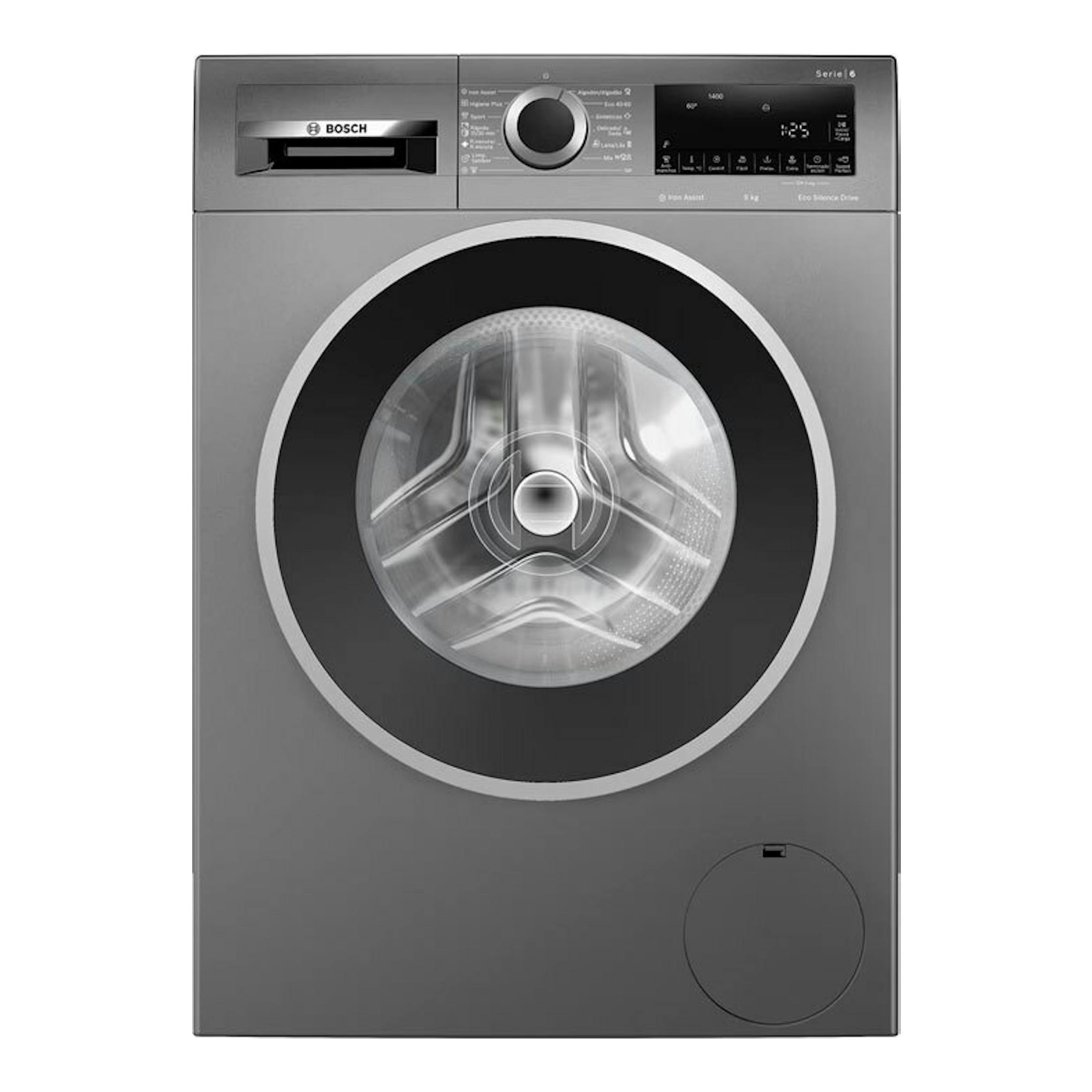Lavadora Bosch WGG244ZRES Serie 6 gris, vista frontal, con puerta de carga frontal y panel digital.