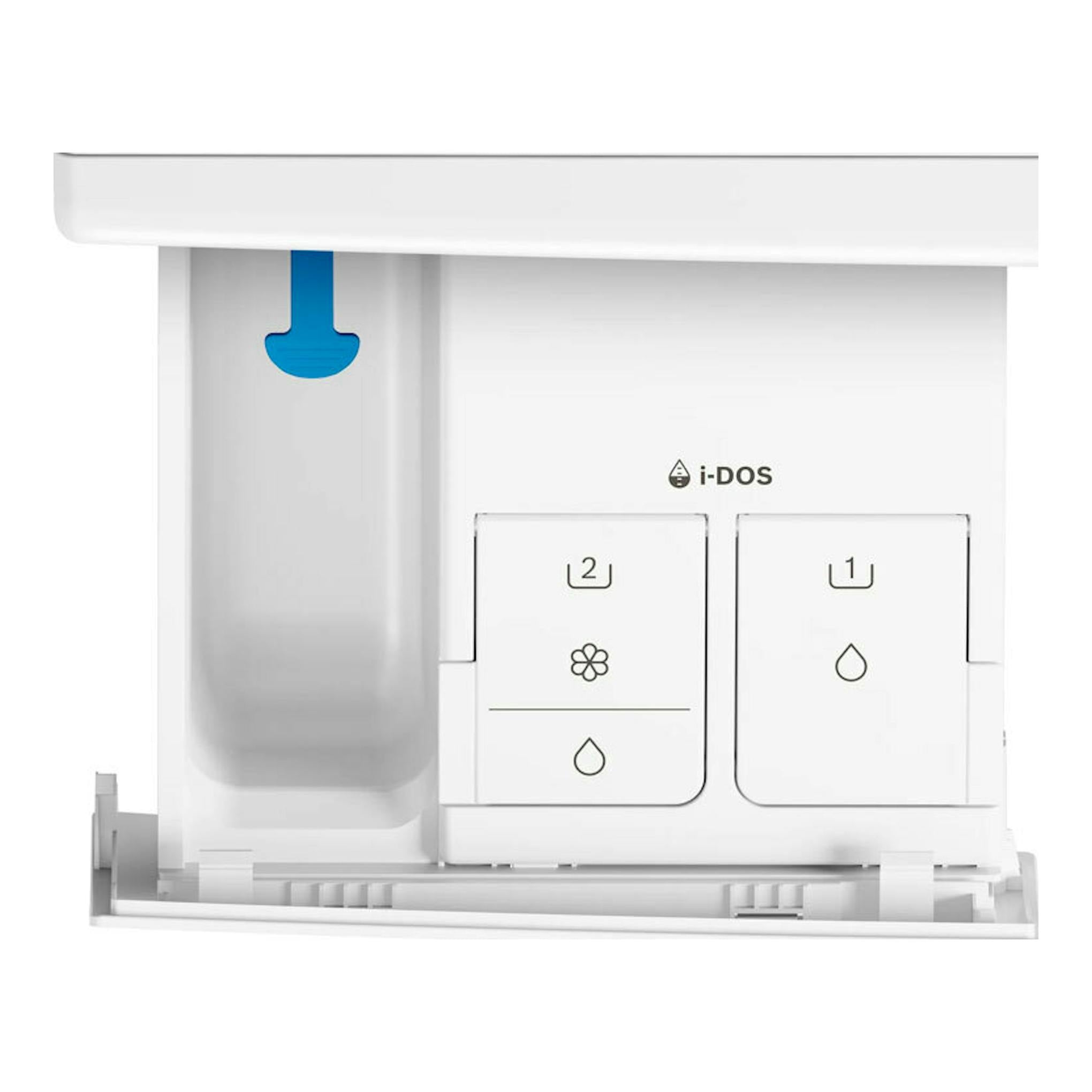 Primer plano frontal del compartimento i-DOS de una lavadora Bosch, en blanco y gris, con selector azul.