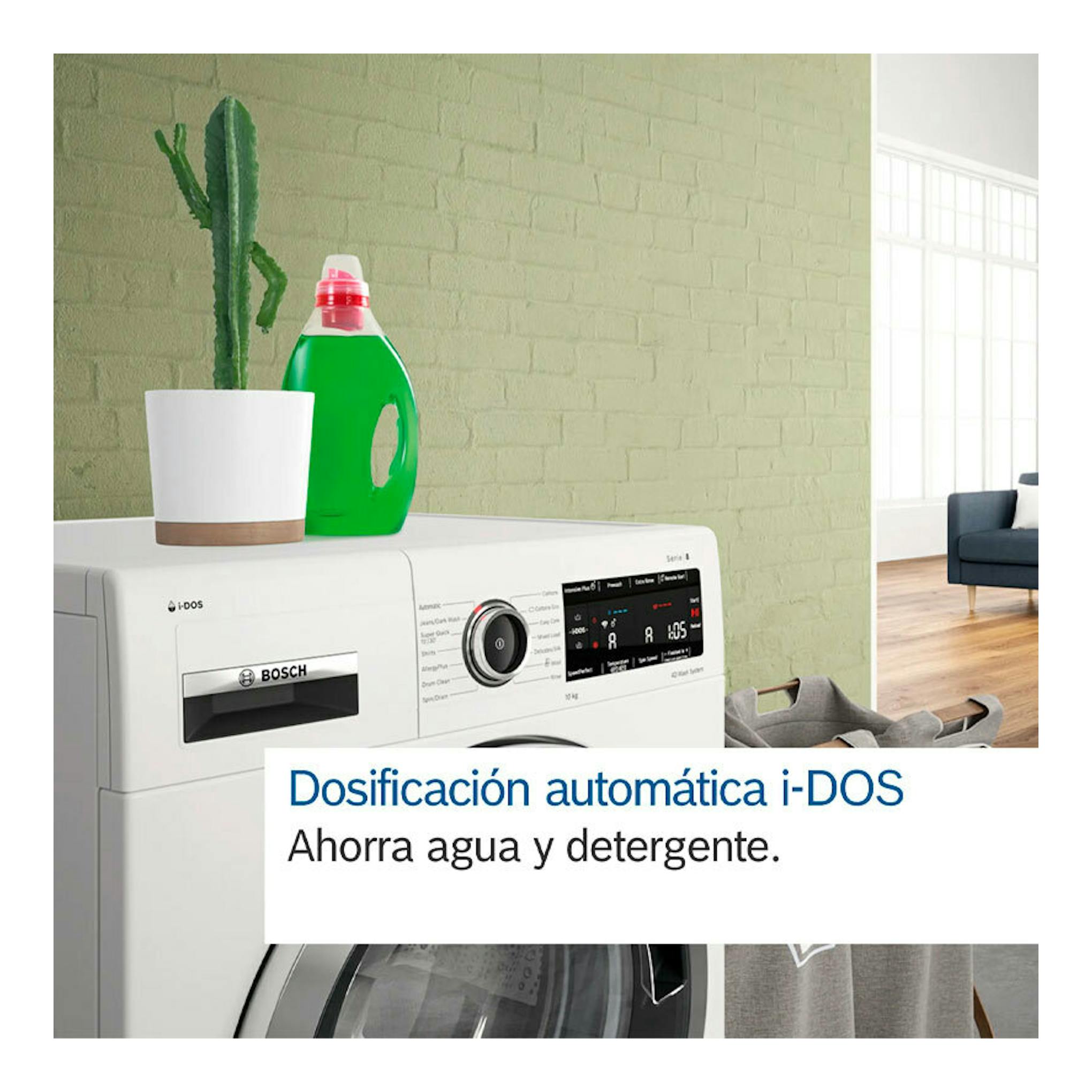 Lavadora Bosch WGH244A0ES blanca, vista frontal, con panel digital i-DOS y puerta de carga frontal.