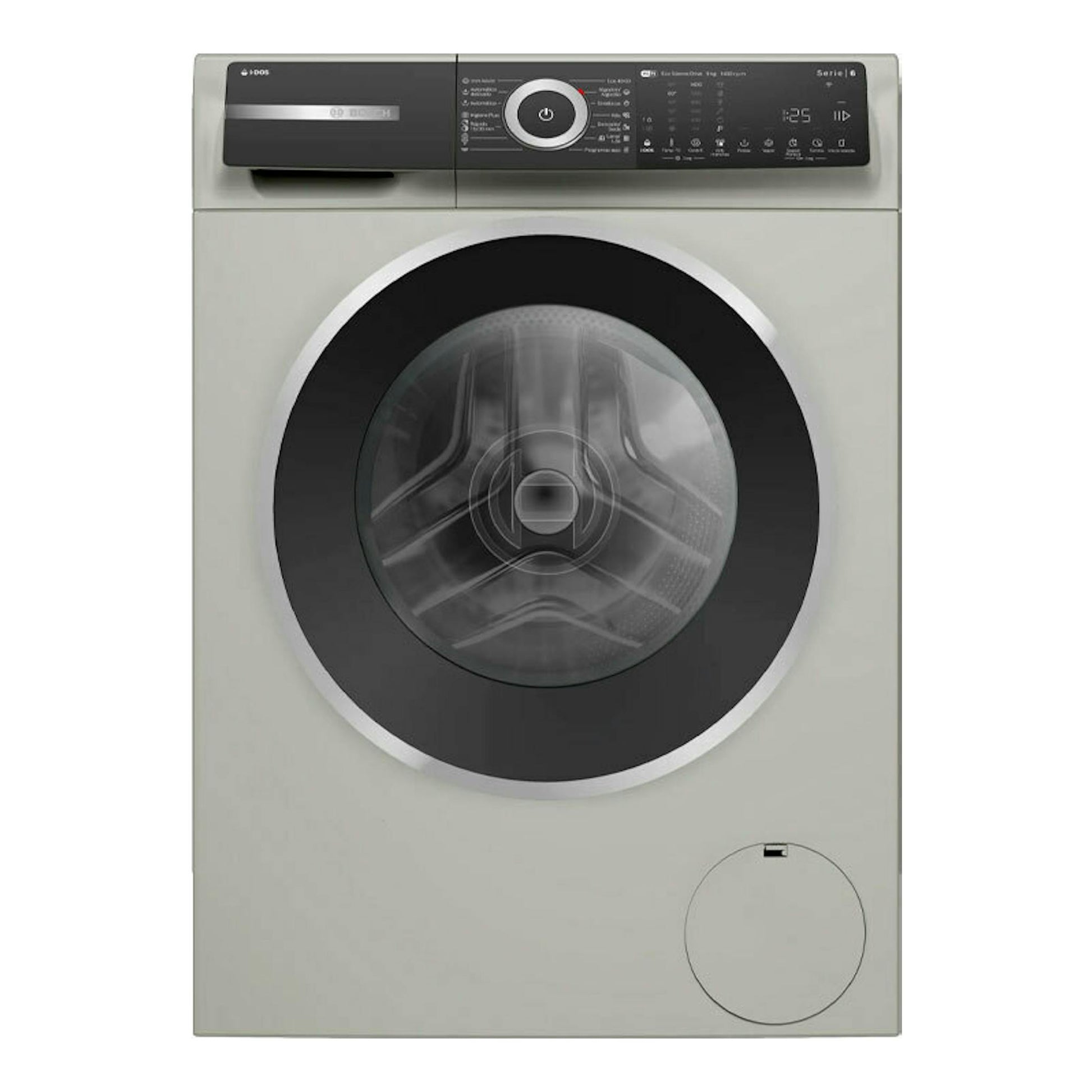 Lavadora Bosch WGH244AXES gris, vista frontal, con puerta negra circular y panel digital superior.