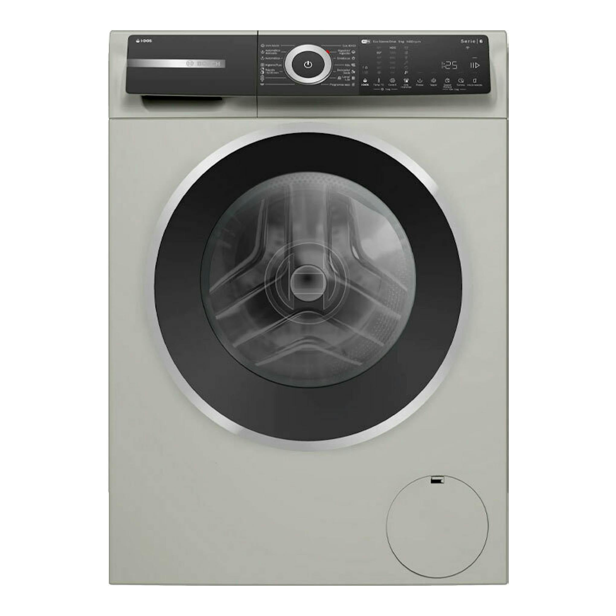 Lavadora Bosch WGH244AXES gris, vista frontal, con puerta negra circular y panel digital superior.