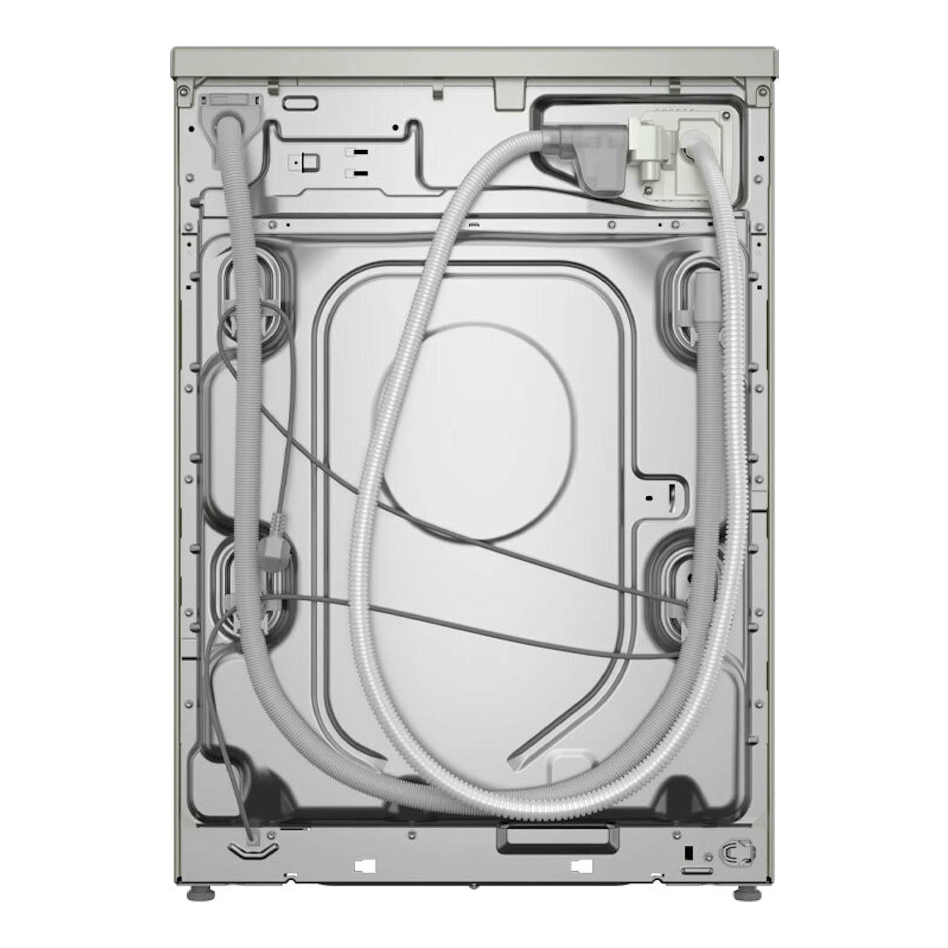 Bosch WGH244AXES, vista trasera de lavadora blanca con mangueras y cables visibles.
