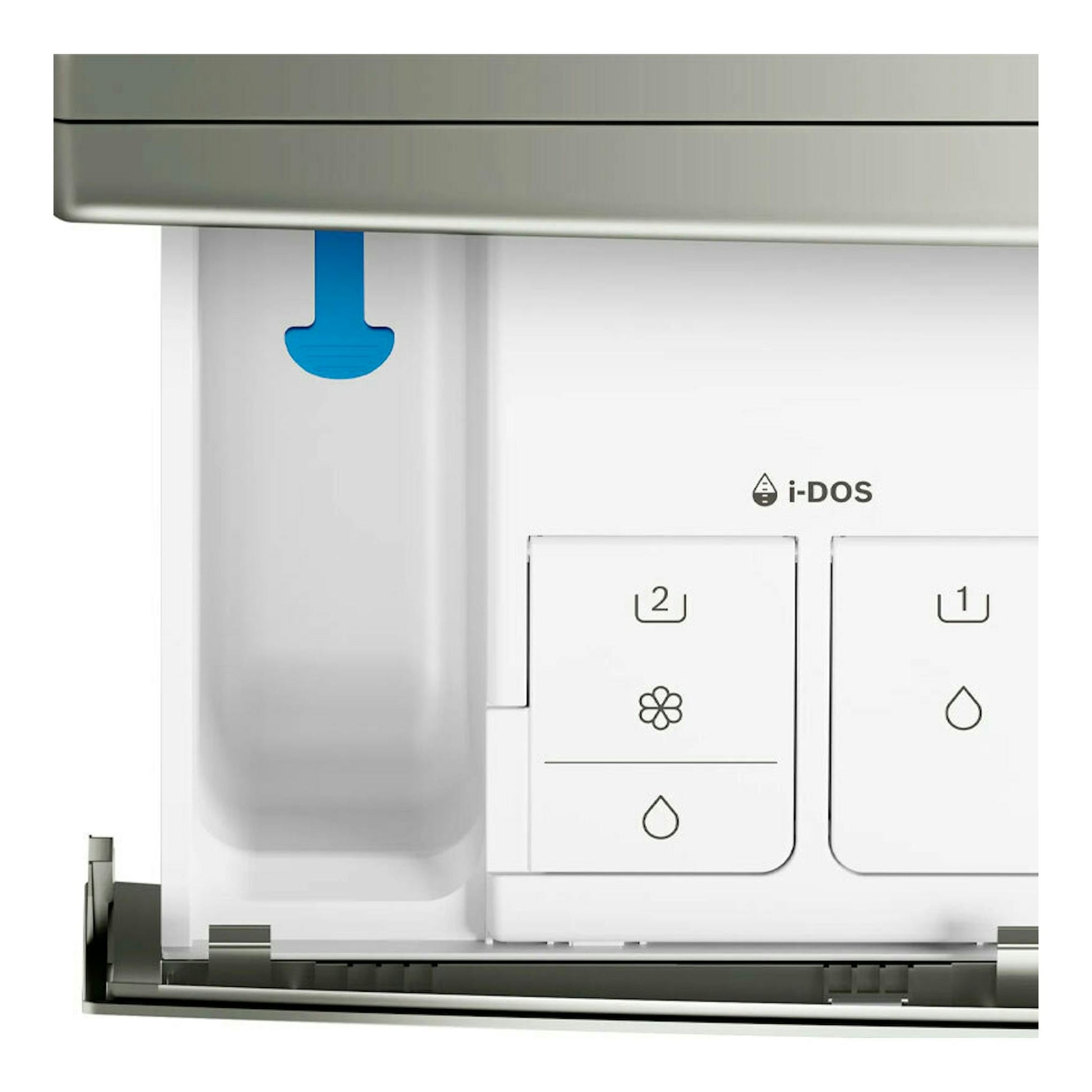 Lavadora Bosch WGH244AXES, primer plano del cajetín i-DOS con compartimentos blancos y pieza azul.